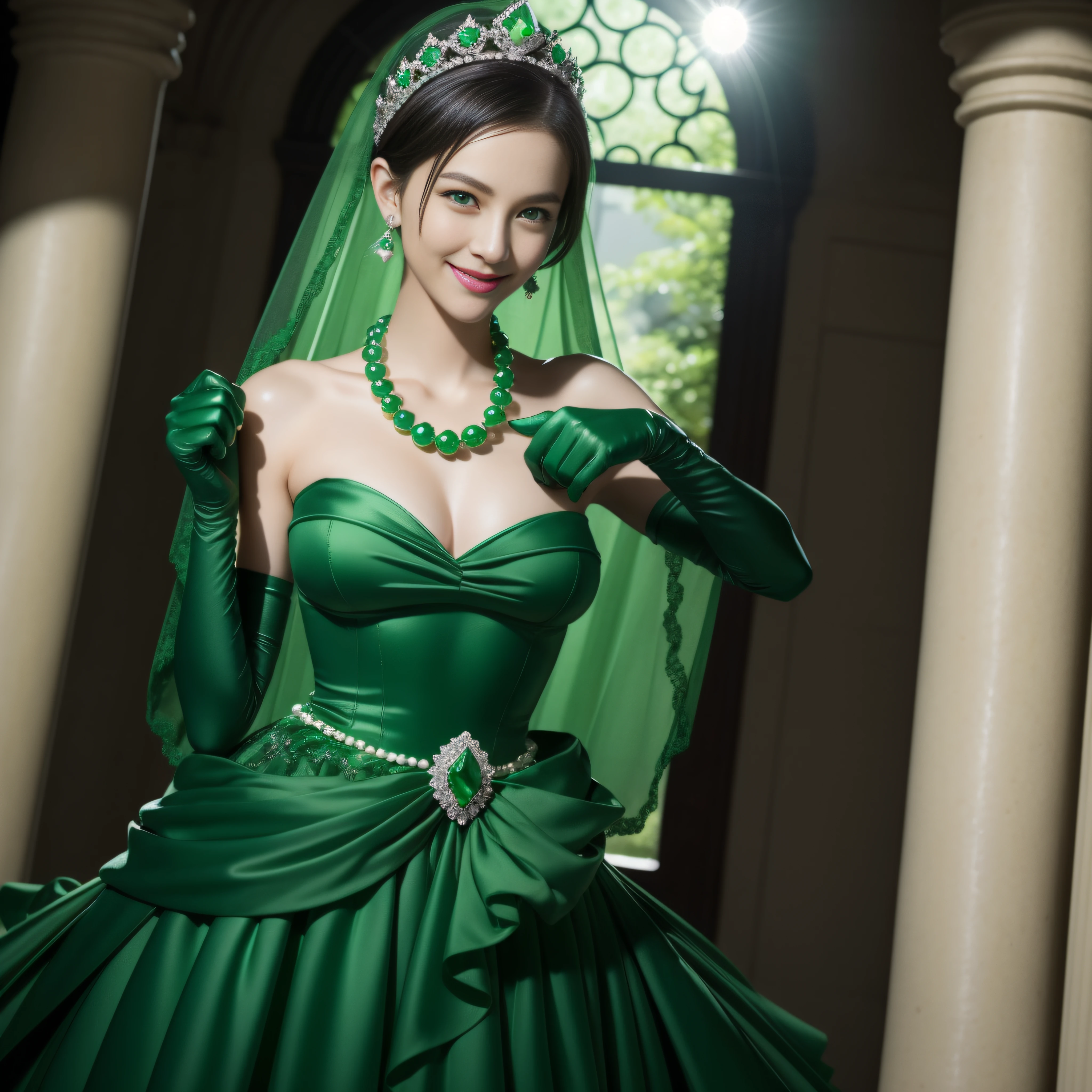 emerald tiara, Green Pearl Necklace, Boyish very short green hair, lipsticks, Japan woman smiling, very short short hair, fist, big breasts beautiful, Green eyes, Long green gloves made of satin material, Green eyes, Emerald Earrings
