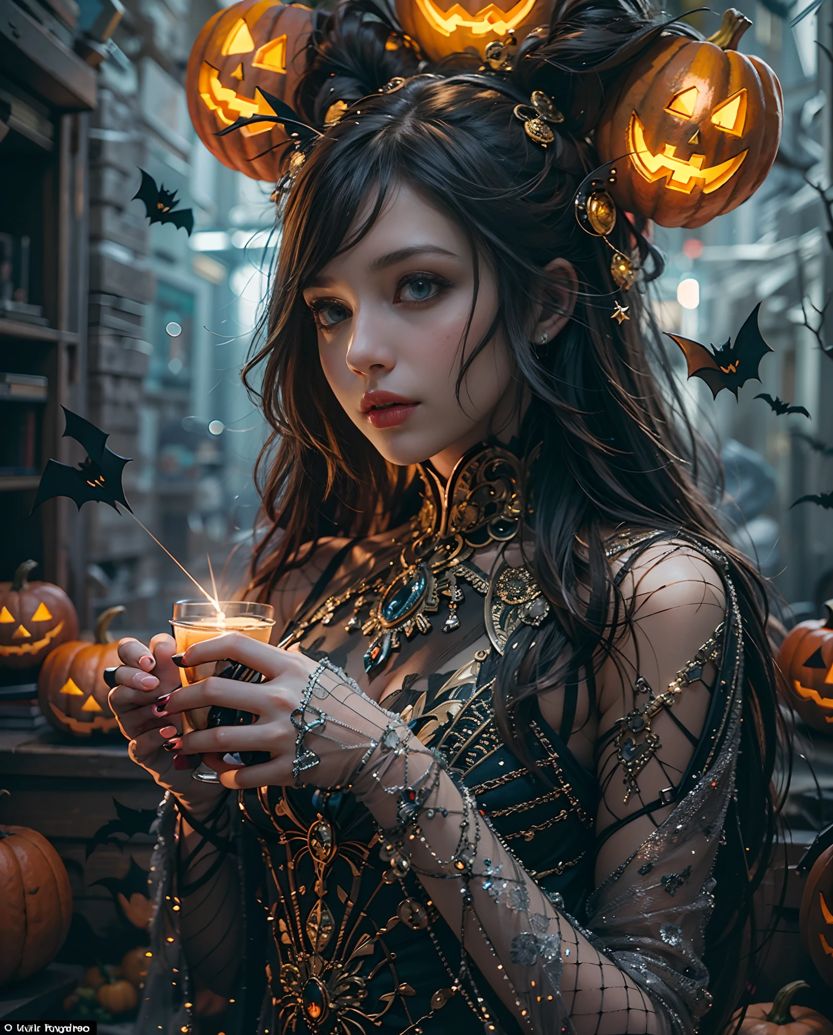 Best quality, masterpiece, meticulous details, intricate detail, realistic, a hot futuristic lady amidst spooky halloween vibes, lens flare effect