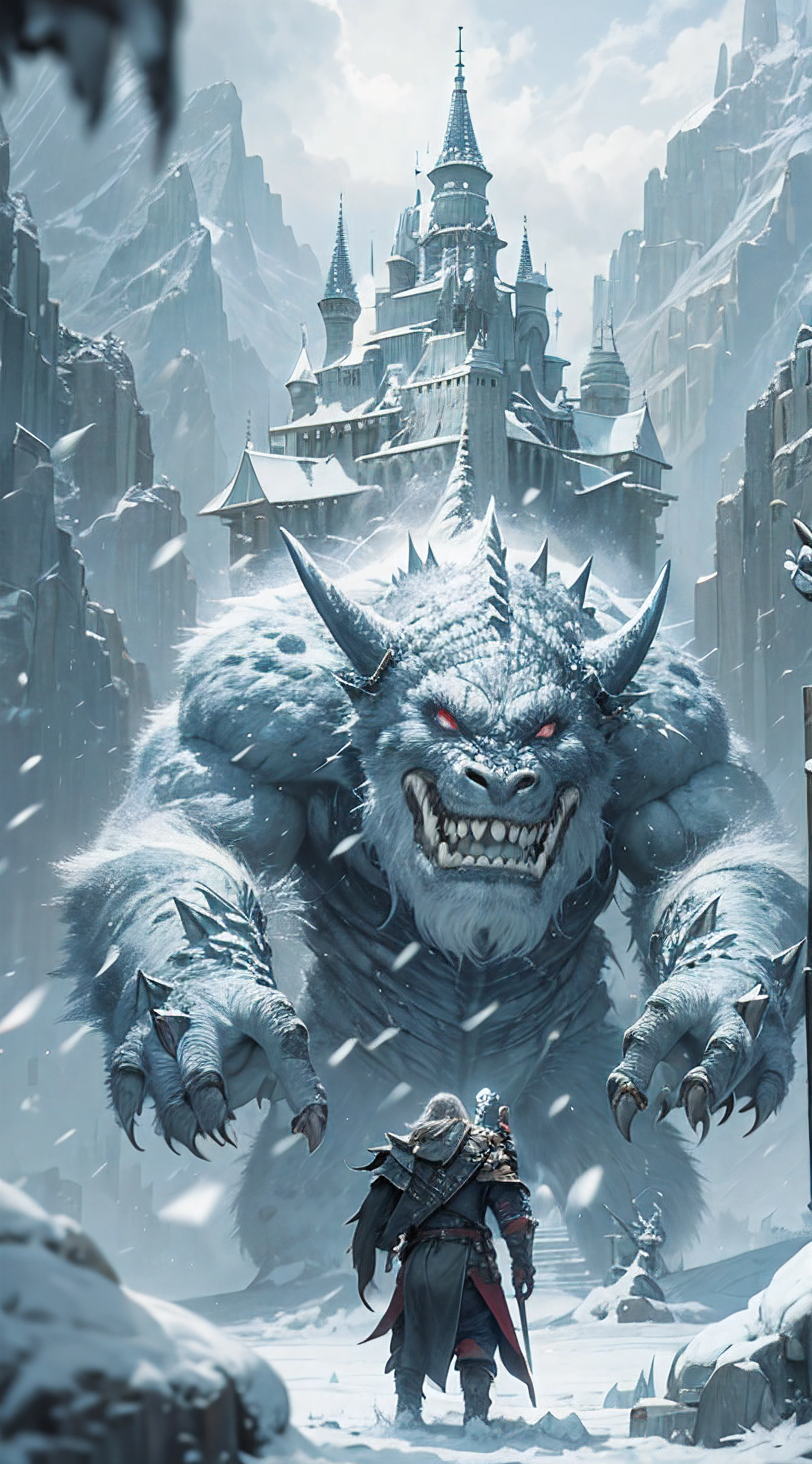 white snow castle carrying on shoulders of huge orc monster
