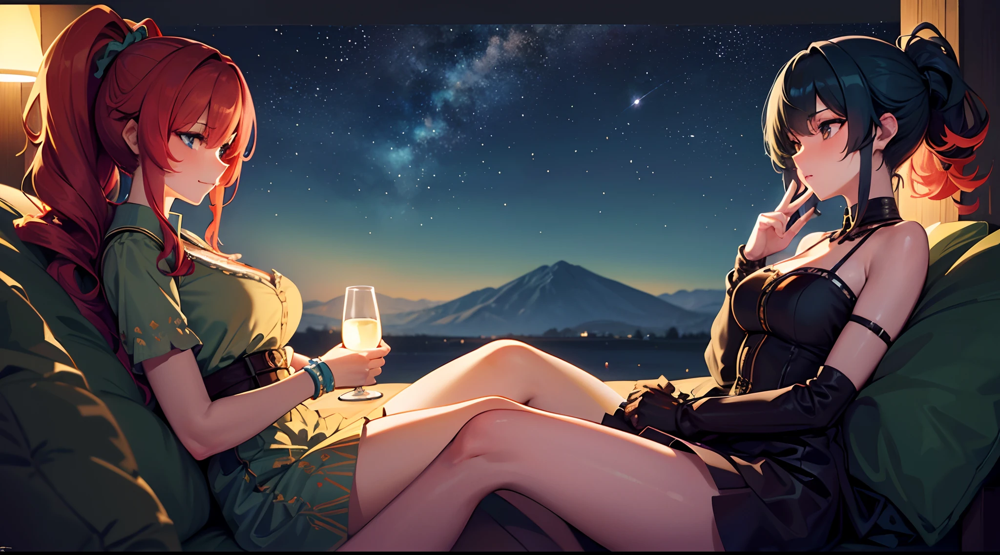 masterpiece, lots of detail, 4k, 8k, ((ultra-detailed)), highres, soft lighting, 2girls, outside, night, stargazing, stars, kissing, {red hair|green hair|black hair|blue hair}, {ponytail|short hair|long hair|curly hair}