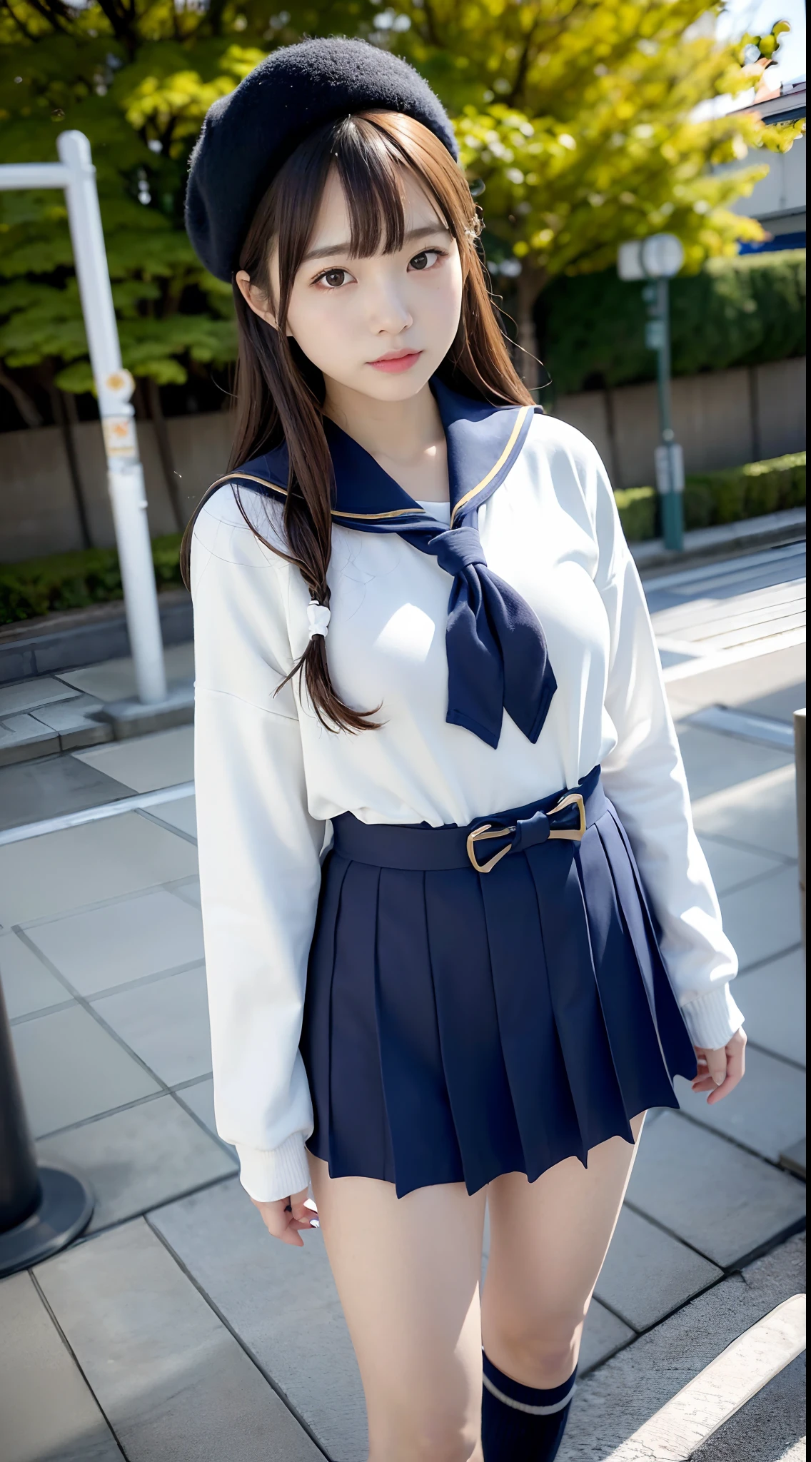 (masterpiece,highest quality,High resolution,Realistic:1.2),(One high school girl is wearing a long-sleeved sailor suit and a short navy pleated skirt, so a little bit of her white panties are visible.:1.2),(Smiling with some teeth showing:1.3),(bob cut, blonde, gal makeup:1.3),(beautiful hands:1.3),(woman&#39;s hand:1.3),(Reduce exposed skin,The belly is not exposed:1.2),(cowboy shot:1.5),( Japanese female:1.2),(clothing that fits:1.2),(school hallway:1.3), (camel toe:1.3), (flat chest:1.3),(The upper body is thin:1.3),(big butt, thick thighs:1.2), (A is seen from below:1.4)