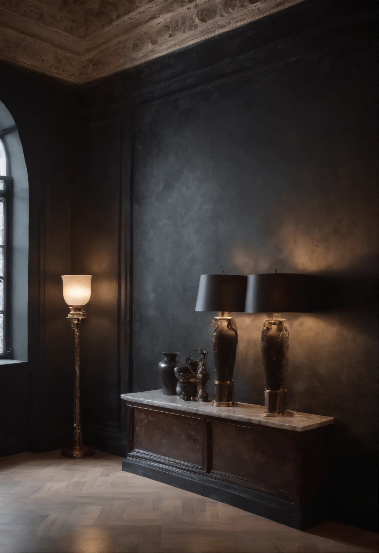 ghotic, marble black walls, Beautiful interior, lamps, bokeh, The Gloomy Room