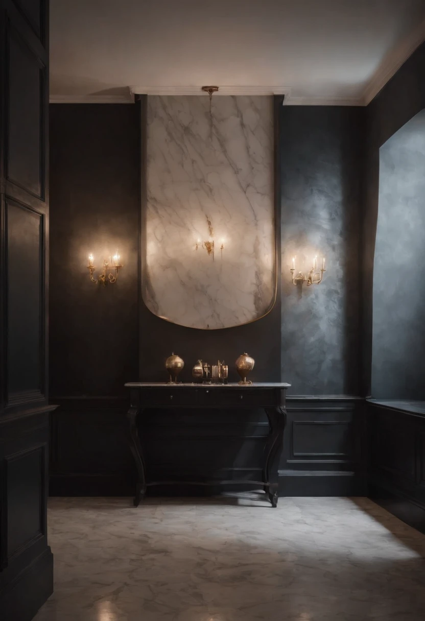 ghotic, marble black walls, Beautiful interior, lamps, bokeh, The Gloomy Room