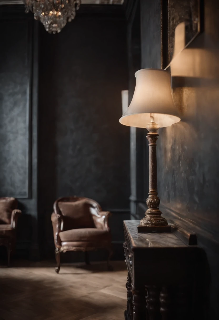 ghotic, marble black walls, Beautiful interior, lamps, bokeh, The Gloomy Room