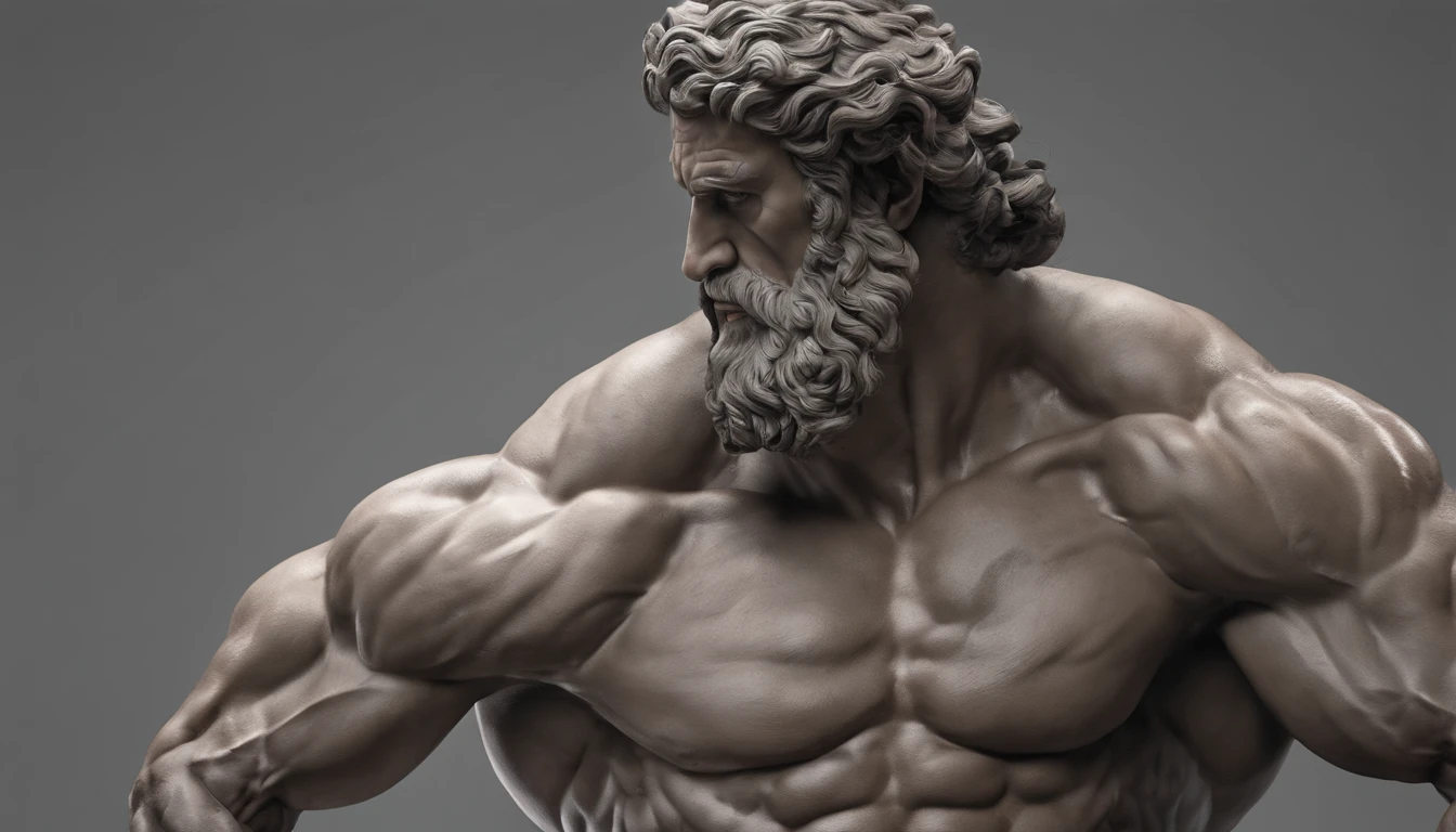 Stoic Greek statue with very muscular body in profile, strong arms, HERCULES STYLE, cinemactic, 8k, dark background GREECE