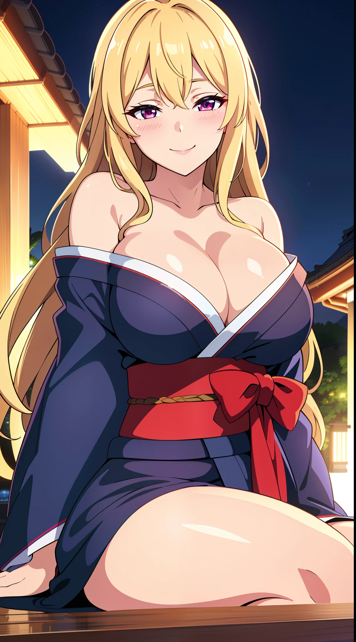 (best quality:1.5, highres, UHD, 4K, detailed lighting, shaders), blonde long hair, large breasts, off shoulder yukata, cleavage, (pov, close shot), smiling, night background, blushing:1.3