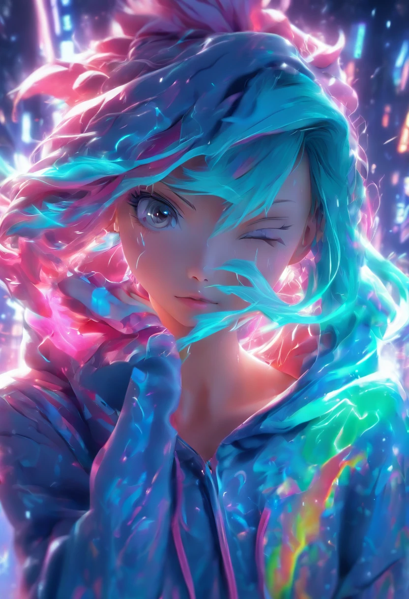 Top quality.3D.Masterpiece, high resolution, 8K, Hoodie and anime style girl, One girl, detailed line art,  Digital enhancement, Close up, Anime core, Flowing fabric，Tears