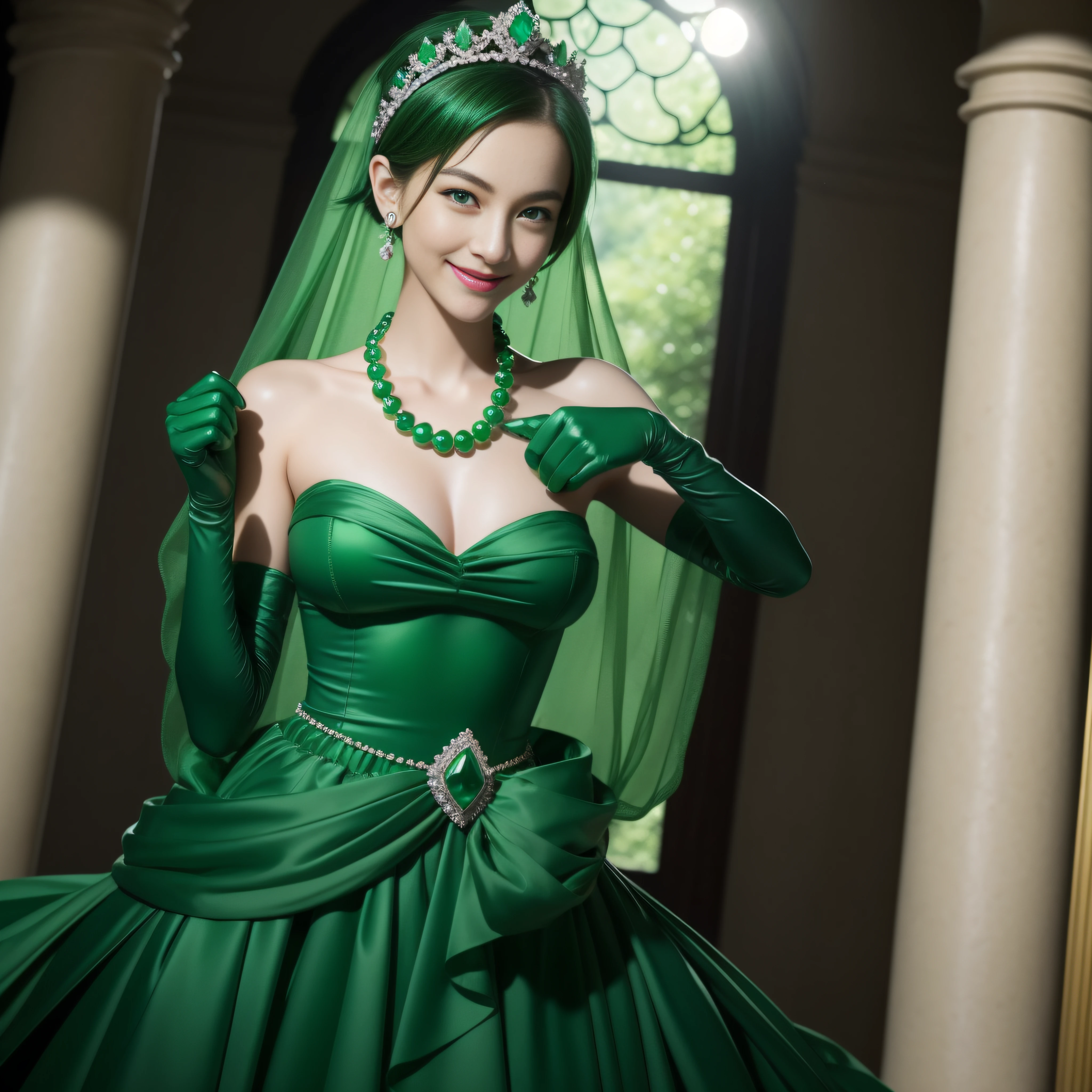 emerald tiara, Green Pearl Necklace, Boyish very short green hair, lipsticks, Japan woman smiling, very short short hair, fist, big breasts beautiful, Green eyes, Long green gloves made of satin material, Green eyes, Emerald Earrings