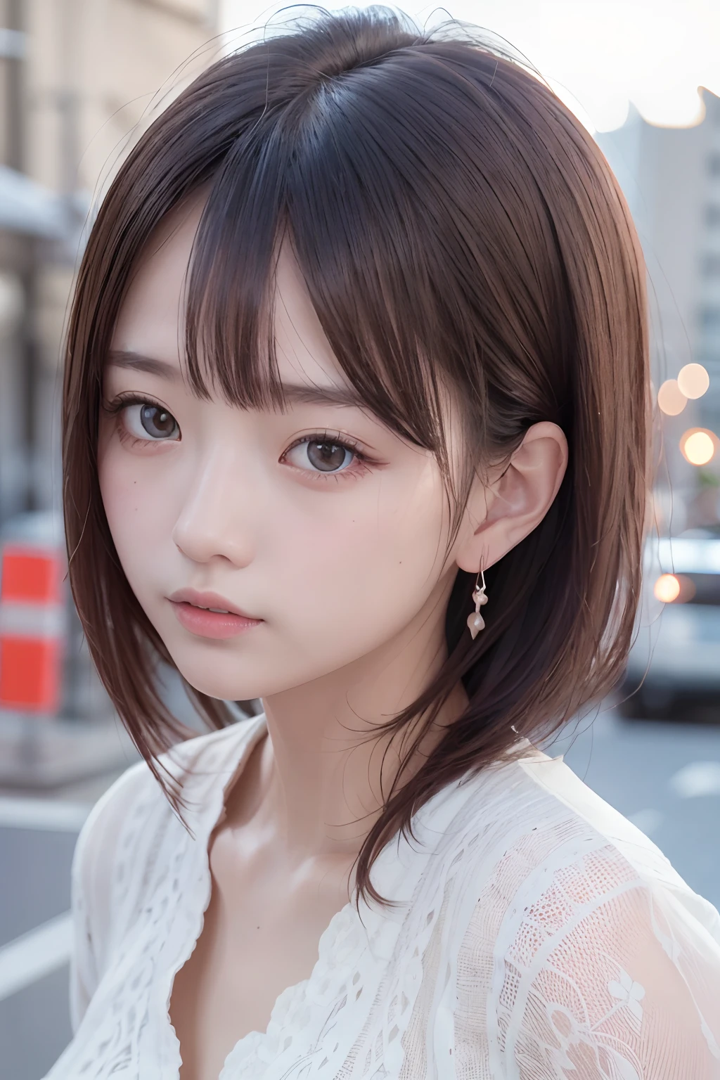 masterpiece, top-quality, in 8K, absurderes, The upper part of the body, whiteshirt, beautiful a girl, Clean face, looking at the viewers, A smile, A hyper-realistic, hight resolution, foco nítido, nffsw, face lights, Dynamic lighting, Lighting, Professional Shadows, beautiful cityscape background, highestdetailed, ighly detailed, ultra-detailliert, finely detail, authentic skin, Delicate facial features, Detailed face and eyes, Sharp pupils、Realistic pupils