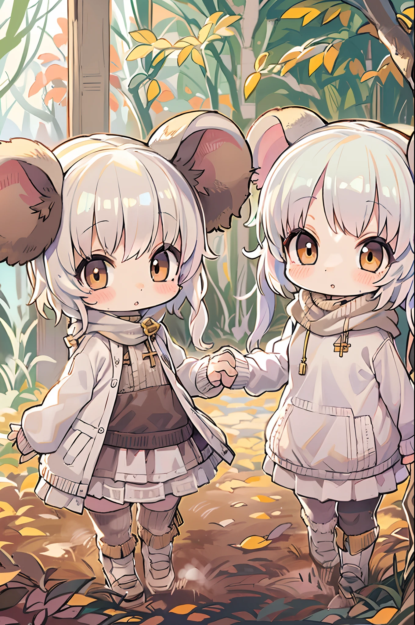 twins, Mouse Girls, short fluffy white hair, Big round mouse ears, White sweater, Holding hands, ((dark brown eyes)), a couple, Beautiful, Glossy lips, Detailed eyes,Chibi