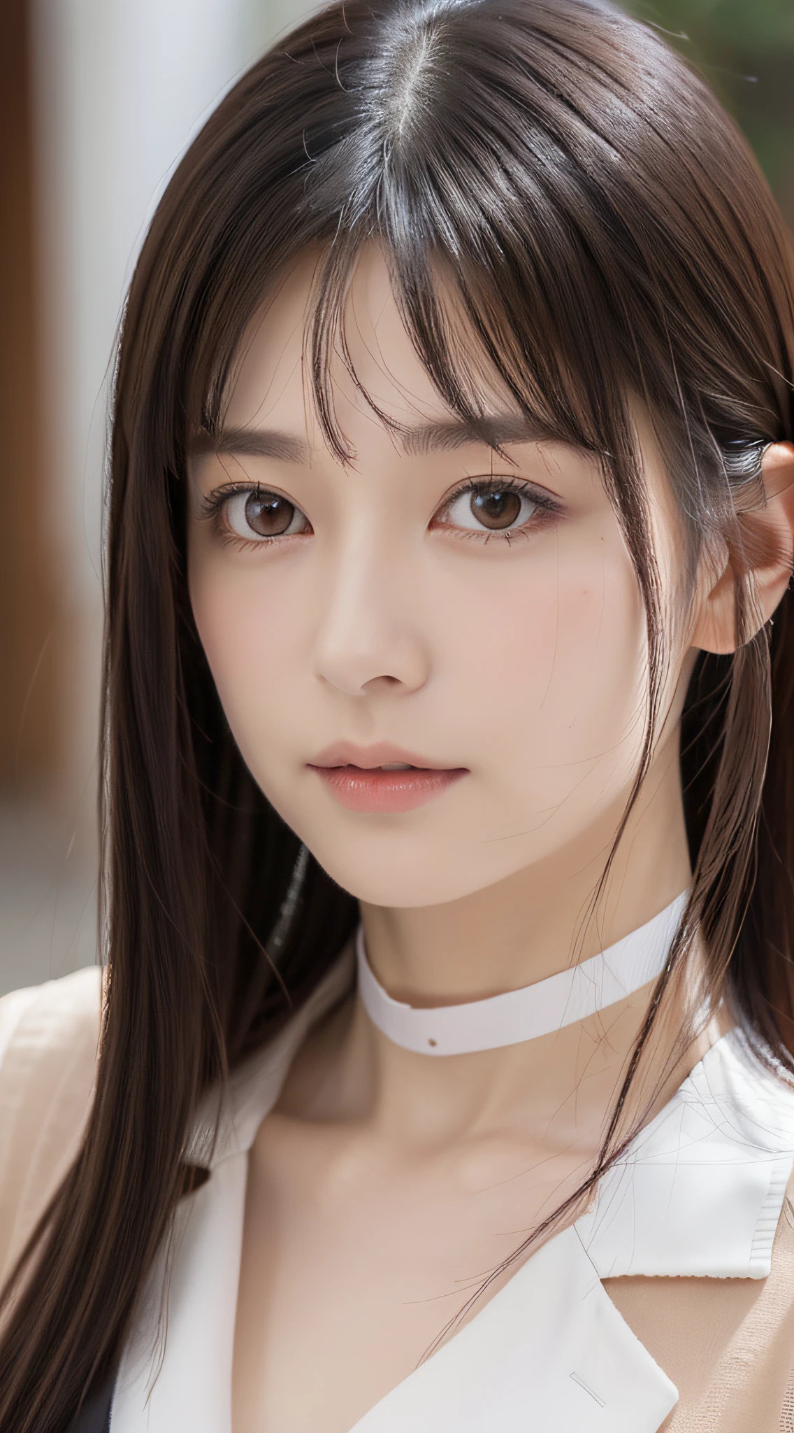 1 adult female, (up of face:1.5), Black hair, Blunt bangs, hair behind ear, hair over shoulder, Long hair, Ultra Fine Face, Thin face, Delicate lips, (beautidful eyes:1.5), thin blush, eyes are light brown,View here, (Hands hide), formal jackets, a choker ,Port Area ,One-person viewpoint, 8K, masutepiece, nffsw, Super Detail, High quality, Best Quality, hight resolution,
