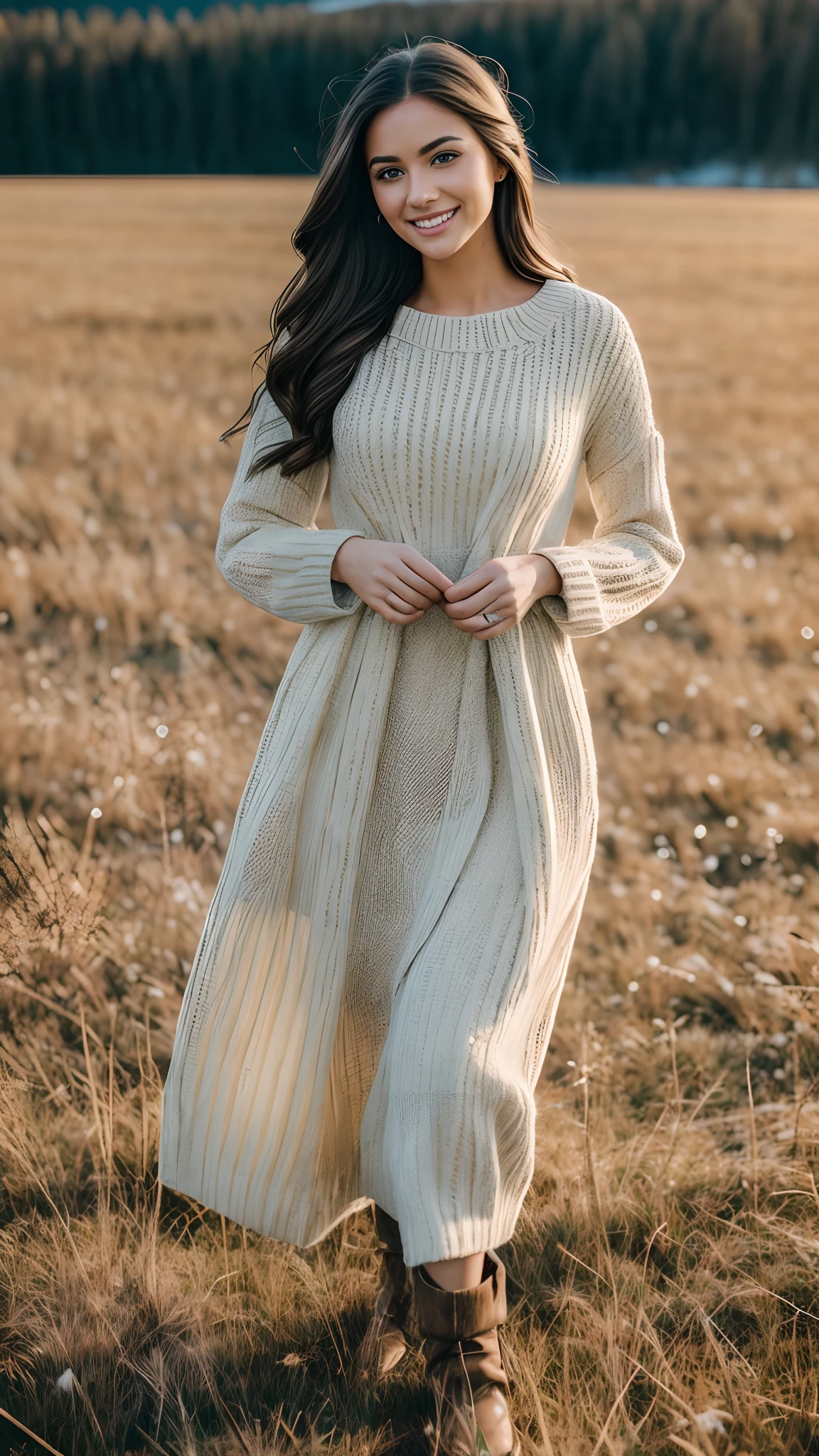 Hyper realistic and detailed full body photo of one young smiling blonce beautiful woman walking on meadow. Winter. Snow. perfect eyes, (Eye makeup:1.1), (highly detailed skin:1.1), RAW, analog style, sharp focus, 8k UHD, DSLR, high quality, Fujifilm XT3, grain, award winning, masterpiece.