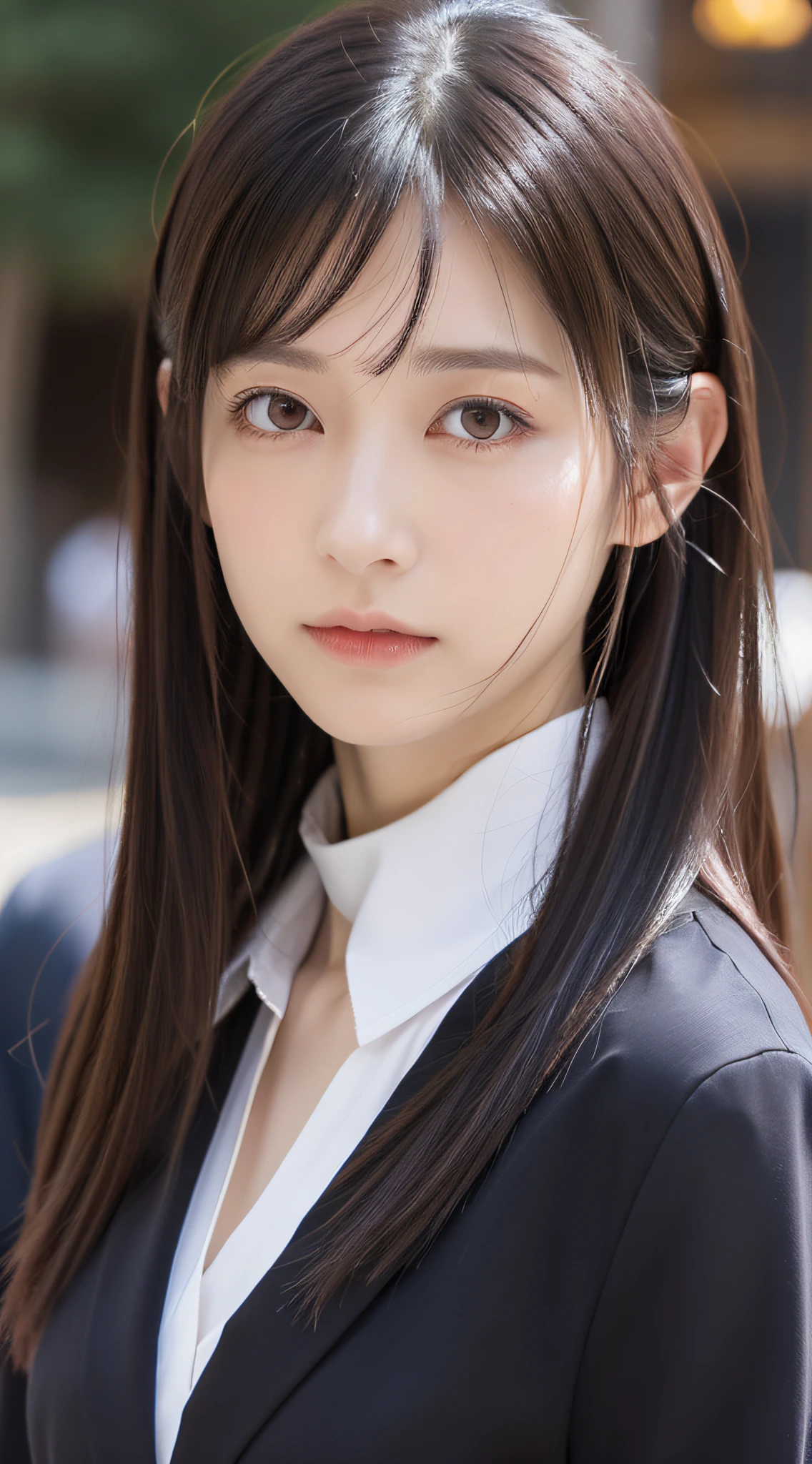 1 adult female, (up of face:1.5), Black hair, Blunt bangs, hair behind ear, hair over shoulder, Long hair, Ultra Fine Face, Thin face, Delicate lips, (beautidful eyes:1.5), thin blush, eyes are light brown,View here, （Hands hide）, formal jackets, a choker ,Port Area ,One-person viewpoint,  8K, masutepiece, nffsw, Super Detail, High quality, Best Quality, hight resolution,