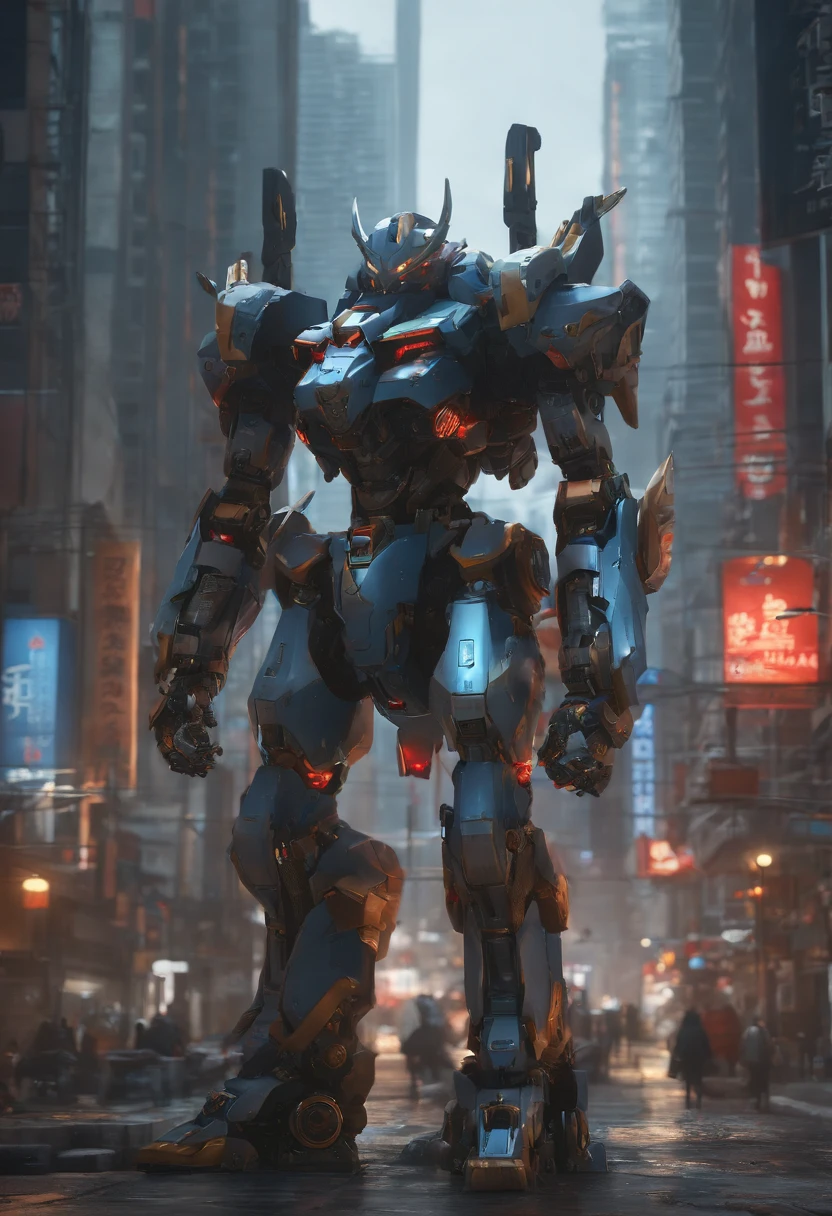 (Demon God Mecha, 3D rendering), background city street center, clear HD, 8K resolution, very detailed, digital painting, concept art, Shinkai Makoto style, pop popularization trend, pop, pop trend on pixiv.