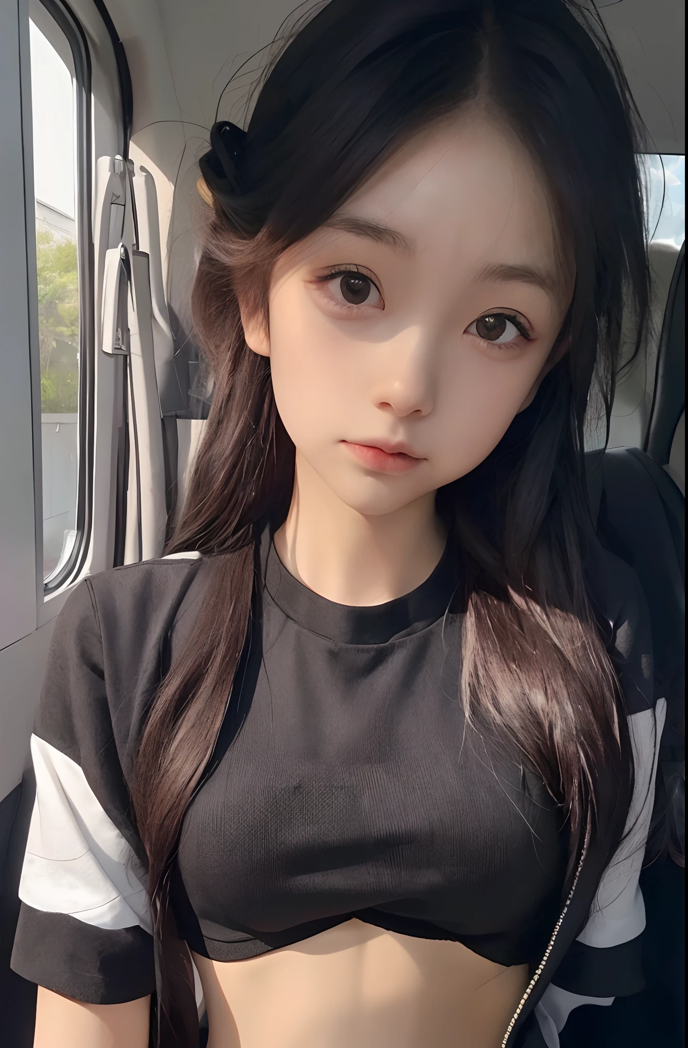 (Need,tmasterpiece),(详细的脸,realisticlying,the detail),1girll,The upper part of the body,simplebackground,looking at viewert,Focus on the face,The color hair,校服,Crop tops