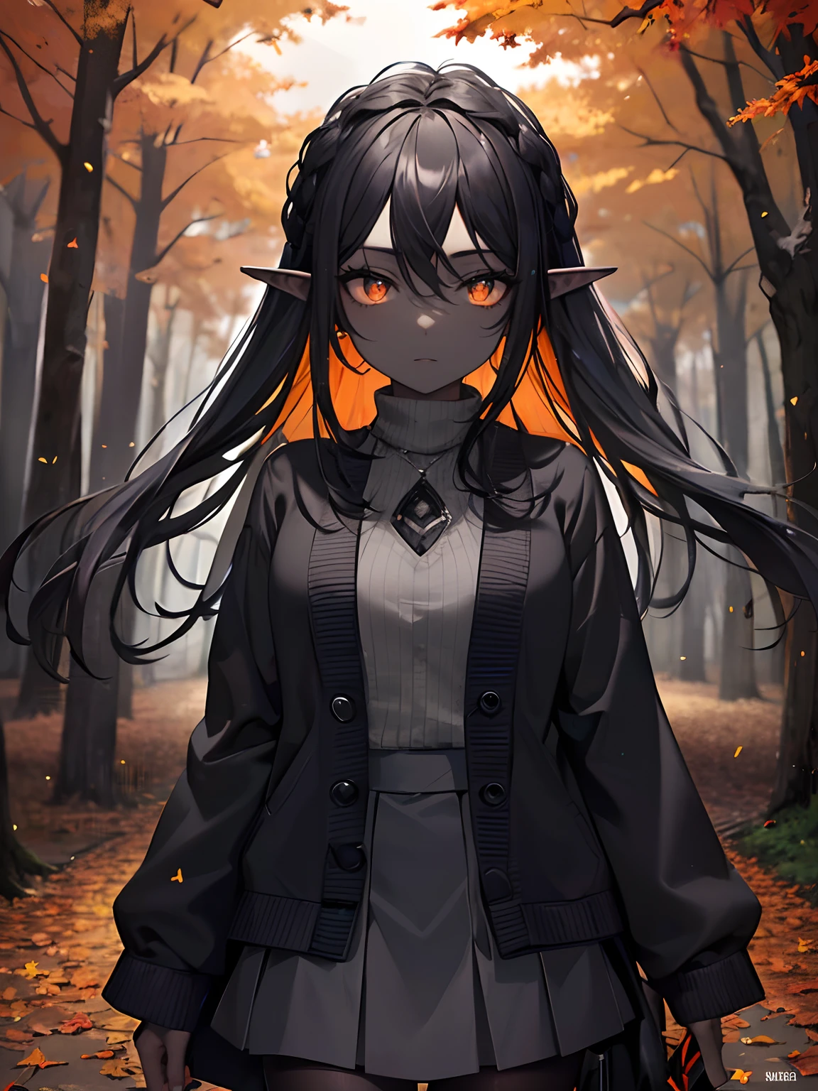 (Masterpiece, Best quality, ultra high resolution),1girl,dark black hair,elf ears, black skin, beautiful and detailed face, detailed eyes,grey skirt,cardigan,(autum),on a park,((gray and grayish orange theme))