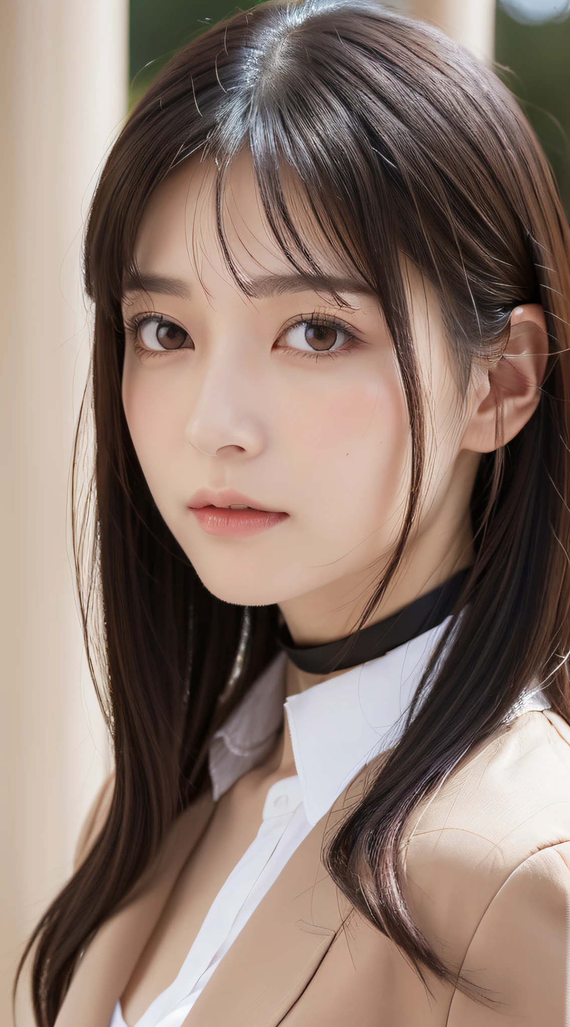 1 adult female, (up of face:1.5), Black hair, Blunt bangs, hair behind ear, hair over shoulder, Long hair, Ultra Fine Face, Thin face, Delicate lips, (beautidful eyes:1.5), thin blush, eyes are light brown,View here, (Hands hide), formal jackets, a choker ,Port Area ,One-person viewpoint, 8K, masutepiece, nffsw, Super Detail, High quality, Best Quality, hight resolution,