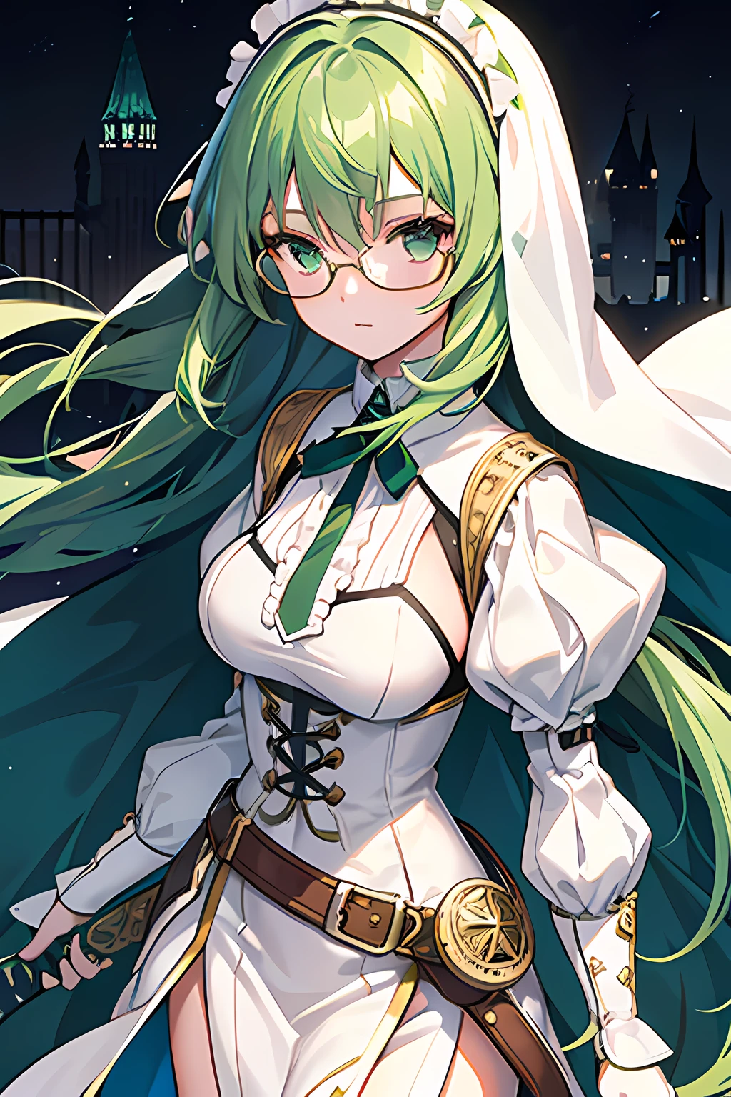 1girl, white armor, Victorian, glasses, long tied green hair, long sword, castle