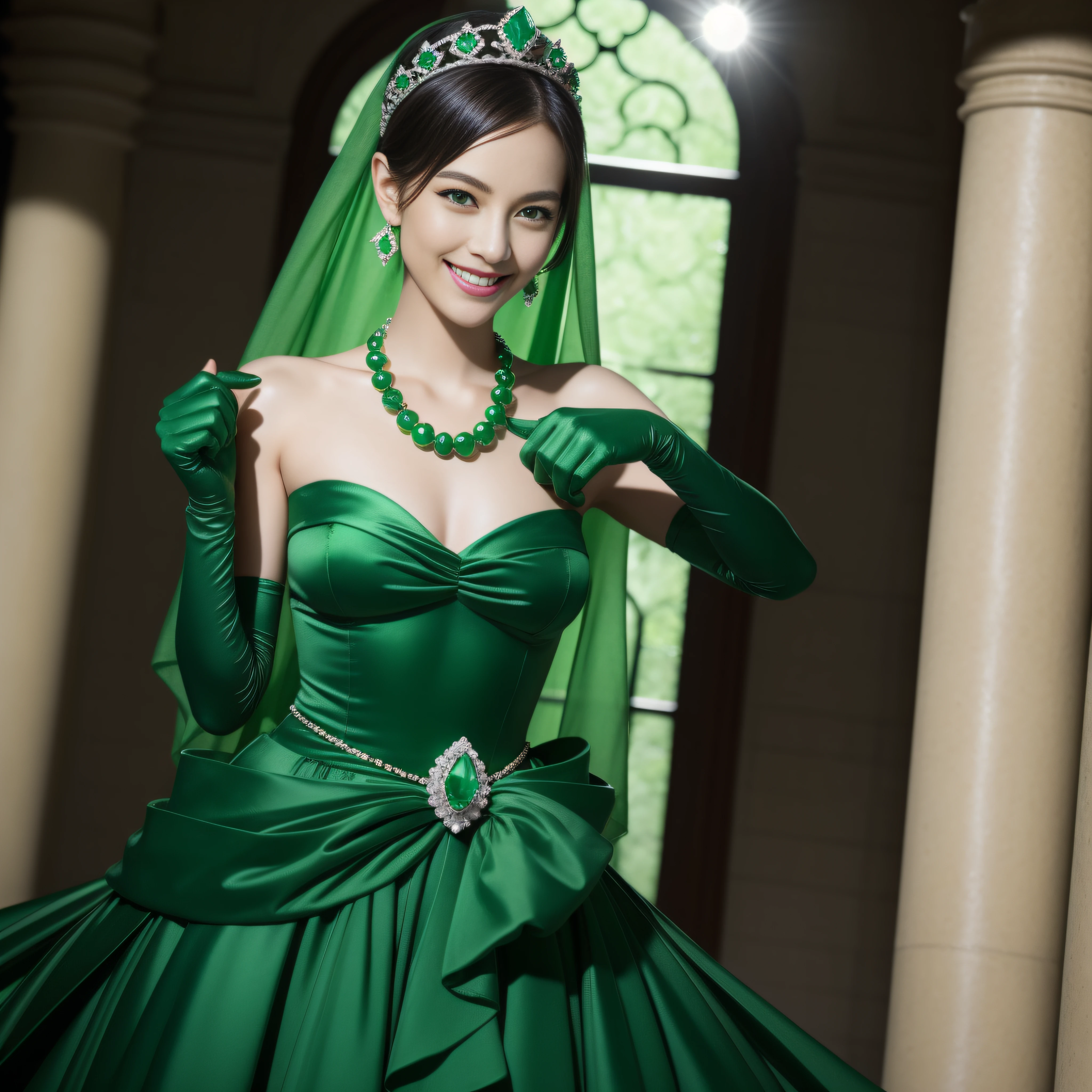 emerald tiara, Green Pearl Necklace, Boyish very short black hair, lipsticks, Japan woman smiling, very short short hair, big breasts beautiful, Green eyes, Long green gloves made of satin material, Green eyes, Emerald Earrings