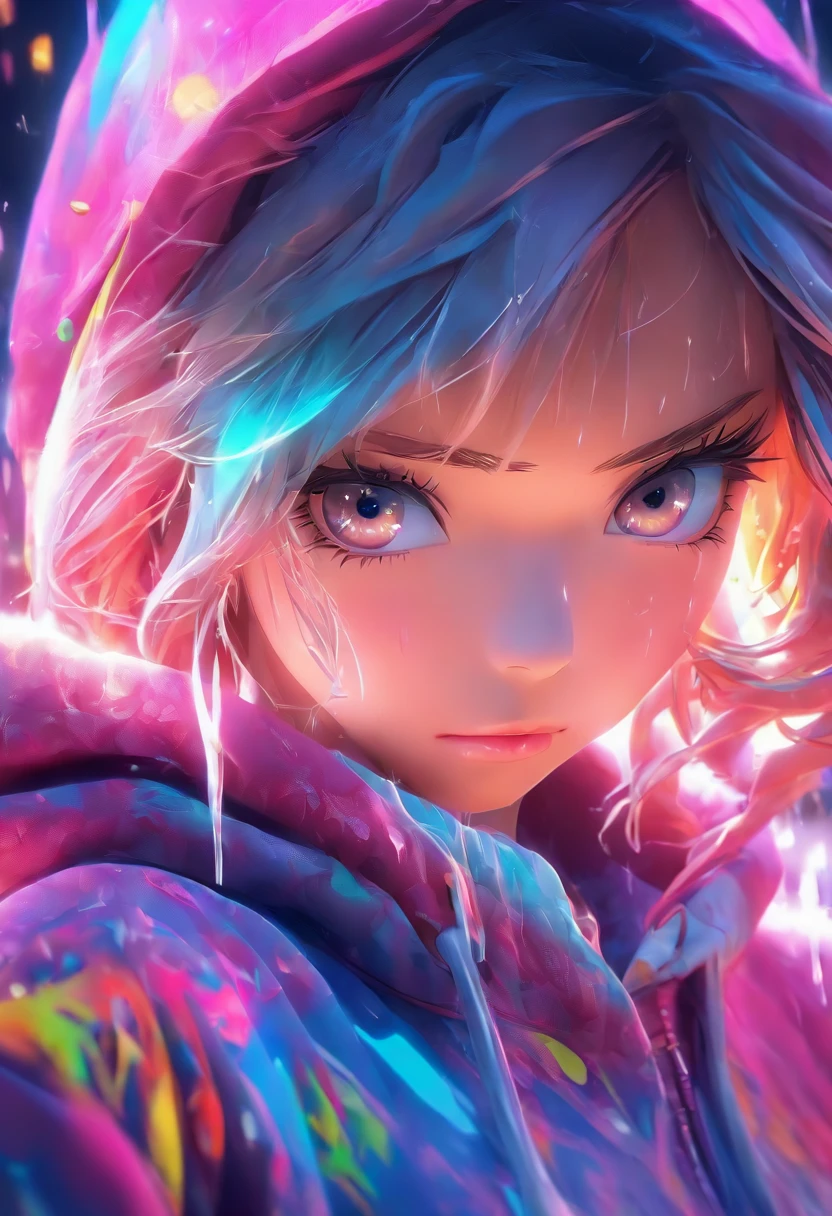 Top quality.。.3D.Masterpiece, high resolution, 8K, Hoodie and anime style girl, One girl, detailed line art,  Digital enhancement, Close up, Anime core, Flowing fabric，Tears
