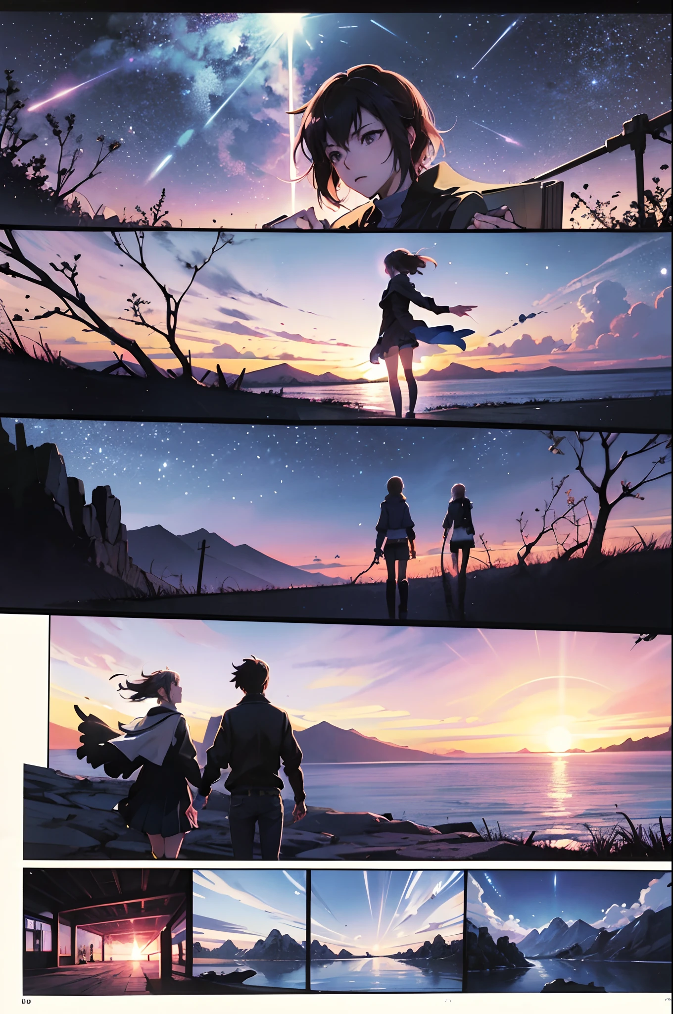 comic strip，Cartoon Split，Exceptional，Storyboard，Masterpiece, Anime college student standing by the sea, Bright starry sky. romantic couple, Makoto Shinkai's picture, Pisif, concept-art, Lofi art style, Reflection. By Makoto Shinkai, Lofi art, beautiful anime scenes, Anime landscape, Detailed scenery —width 672, in the style of makoto shinkai, Makoto Shinkai's style, Enhanced detail.