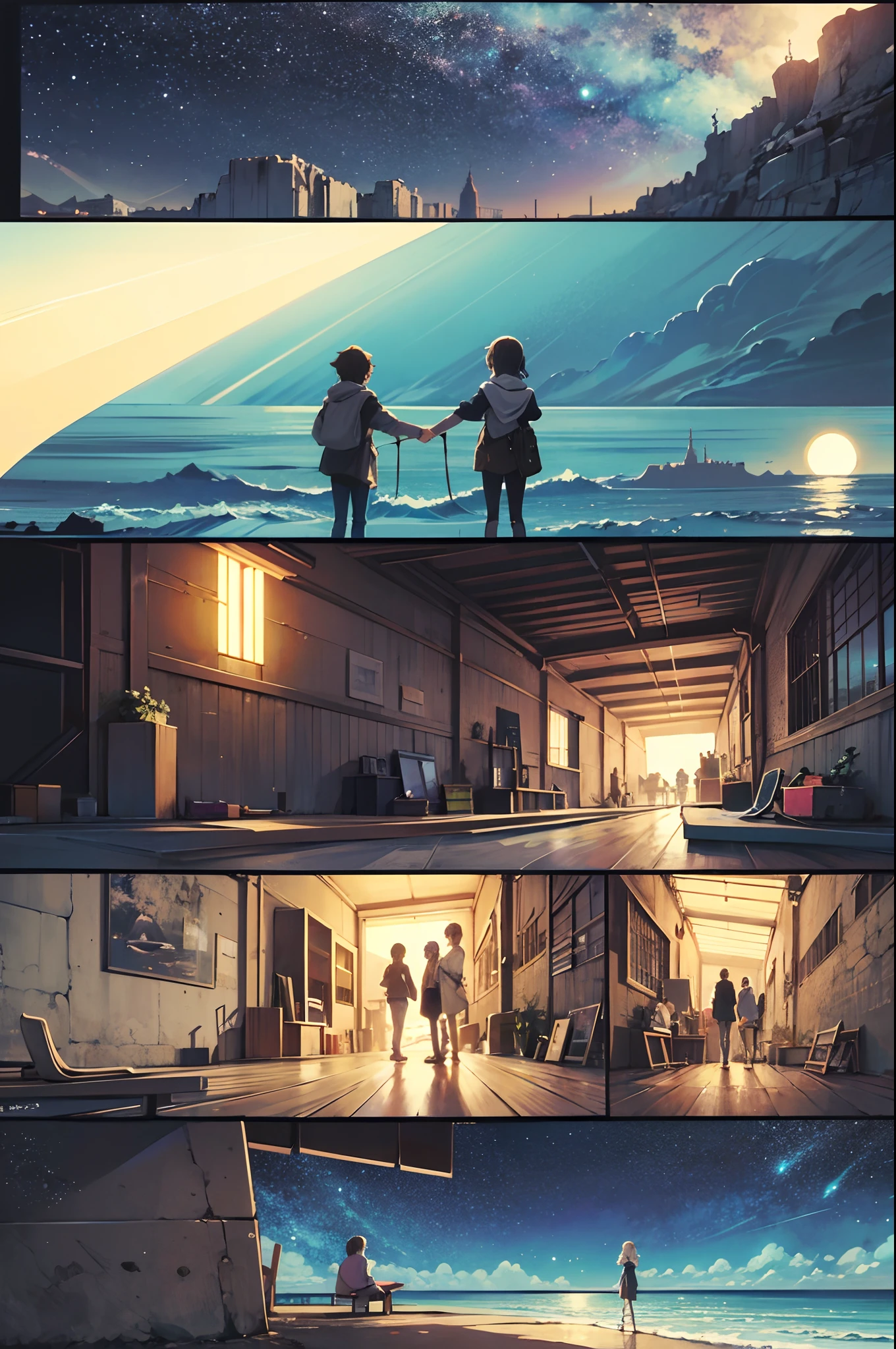 comic strip，Cartoon Split，Exceptional，Storyboard，Masterpiece, Anime college student standing by the sea, Bright starry sky. romantic couple, Makoto Shinkai's picture, Pisif, concept-art, Lofi art style, Reflection. By Makoto Shinkai, Lofi art, beautiful anime scenes, Anime landscape, Detailed scenery —width 672, in the style of makoto shinkai, Makoto Shinkai's style, Enhanced detail.