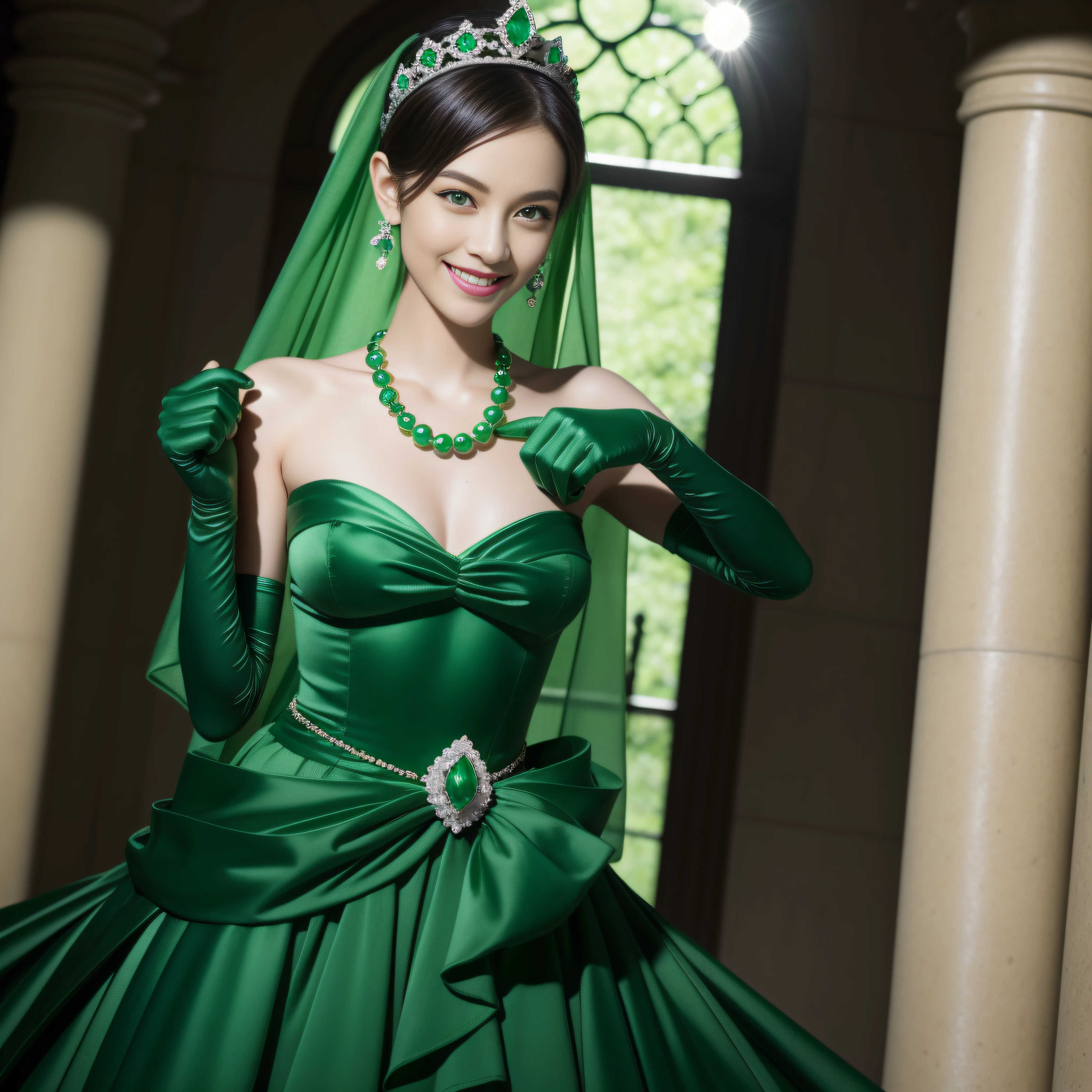 emerald tiara, Green Pearl Necklace, Boyish very short green hair, lipsticks, Japan woman smiling, very short short hair, fist, big breasts beautiful, Green eyes, Long green gloves made of satin material, Green eyes, Emerald Earrings