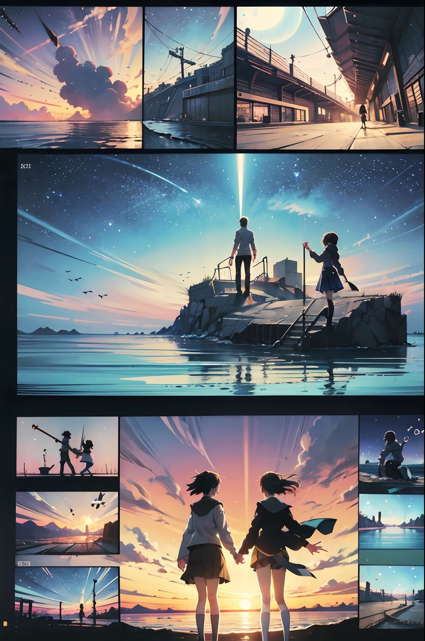 comic strip,Cartoon Split,Exceptional,Storyboard,Masterpiece, Anime college student standing by the sea, Bright starry sky. romantic couple, Makoto Shinkai's picture, Pisif, concept-art, Lofi art style, Reflection. By Makoto Shinkai, Lofi art, beautiful anime scenes, Anime landscape, Detailed scenery —width 672, in the style of makoto shinkai, Makoto Shinkai's style, Enhanced detail.