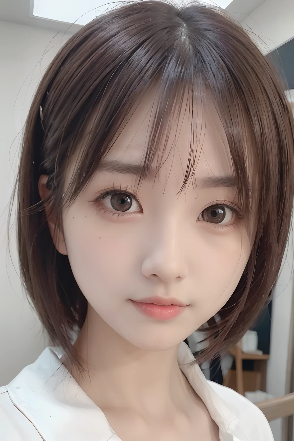masterpiece, top-quality, in 8K, absurderes, The upper part of the body, whiteshirt, beautiful a girl, Clean face, looking at the viewers, A smile, A hyper-realistic, hight resolution, foco nítido, nffsw, face lights, Dynamic lighting, Lighting, Professional Shadows, beautiful cityscape background, highestdetailed, ighly detailed, ultra-detailliert, finely detail, authentic skin, Delicate facial features, Detailed face and eyes, Sharp pupils、Realistic pupils