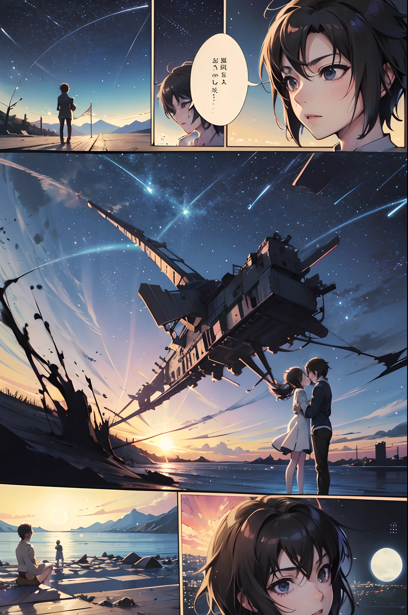 comic strip，Cartoon Split，Exceptional，Storyboard，Masterpiece, Anime college student standing by the sea, Bright starry sky. romantic couple, Makoto Shinkai's picture, Pisif, concept-art, Lofi art style, Reflection. By Makoto Shinkai, Lofi art, beautiful anime scenes, Anime landscape, Detailed scenery —width 672, in the style of makoto shinkai, Makoto Shinkai's style, Enhanced detail.