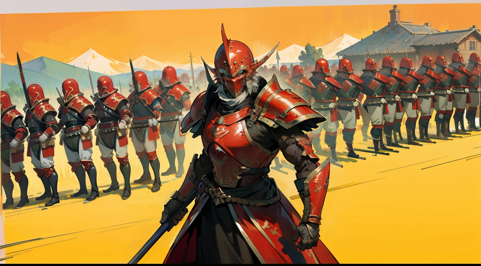 ((4k, masterpiece, top quality)), a lot of warriors with red armors, background village,