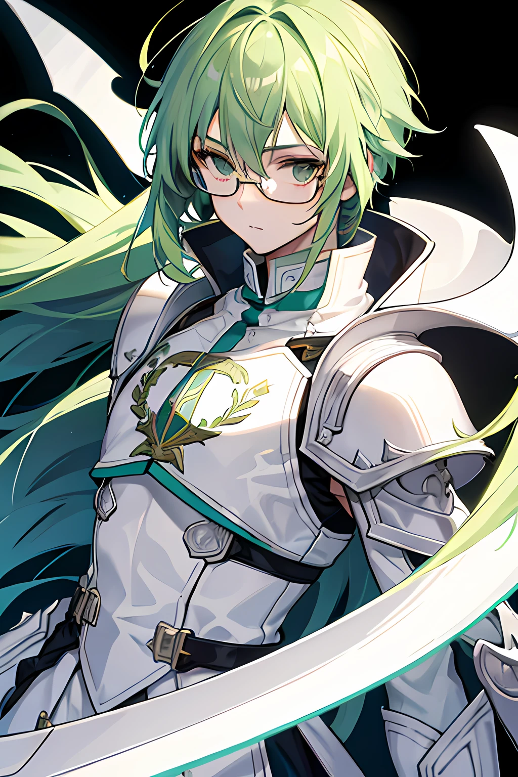 1guy, white armor, Victorian, glasses, long tied green hair, long sword