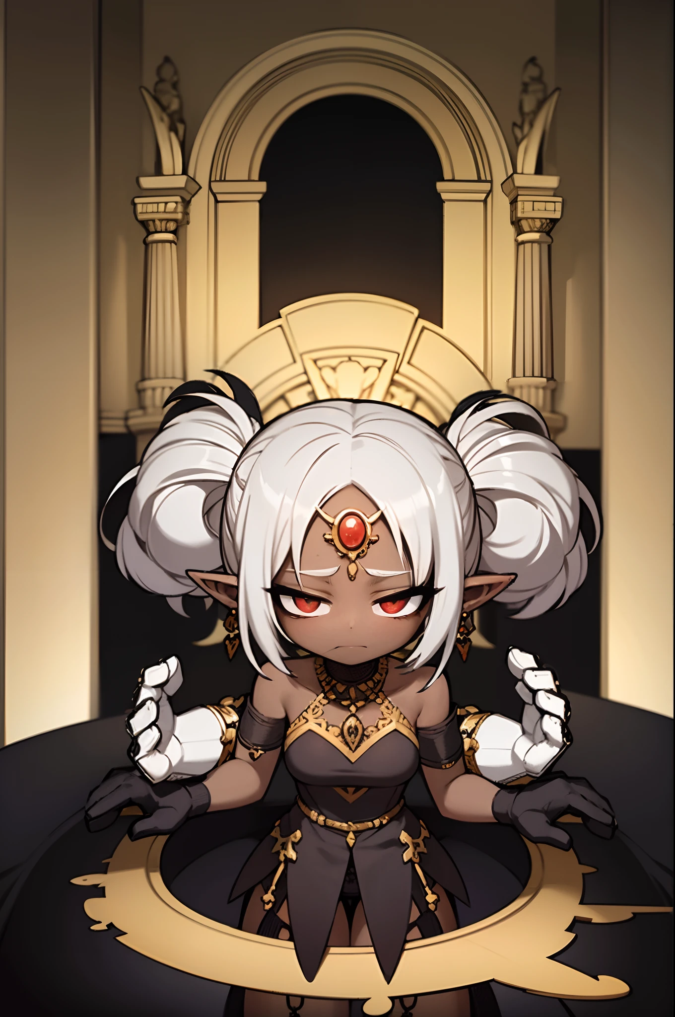 Vibrant colors, Small and beautiful ,dark skiin Big breasts dress,Torn dress,Tattered Dress,Dark skin,elf princess,long ears, White hair, masterpiece, High quality, 8K, High resolution, detaileds,single braid, red eyes,earring, jewelry,slender