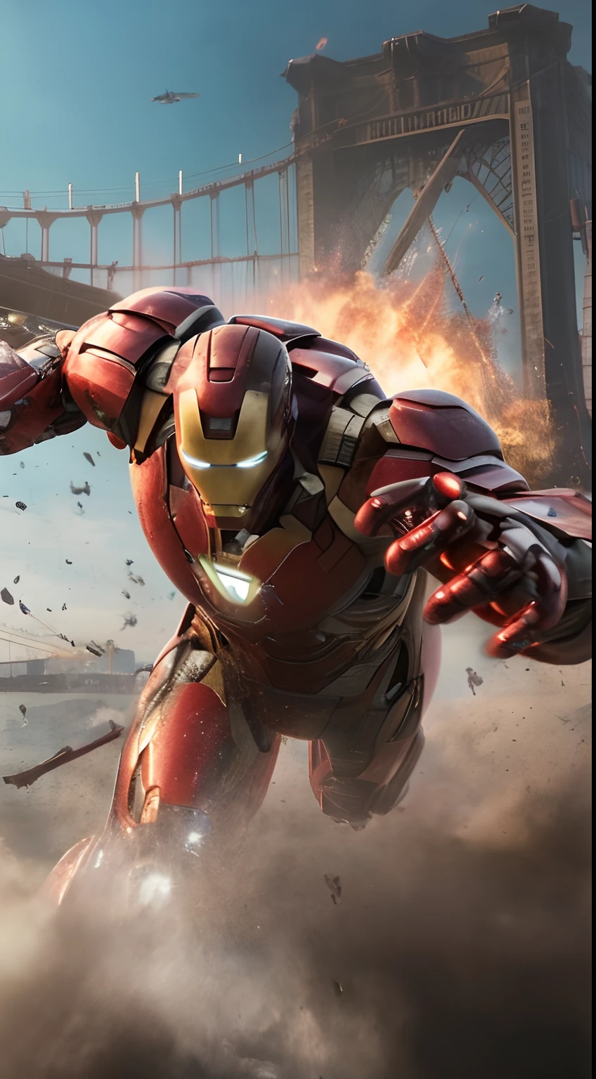 avengers war machine in action with a bridge in the background, from the avengers (2012), film still from the avengers, from avengers, concept art of tony stark, benedict cumberbatch as iron man, still from the avengers, iron man, marvel movie still, battle damaged iron man suit, marvel concept art, danny devito as iron man, tom cruise as ironman