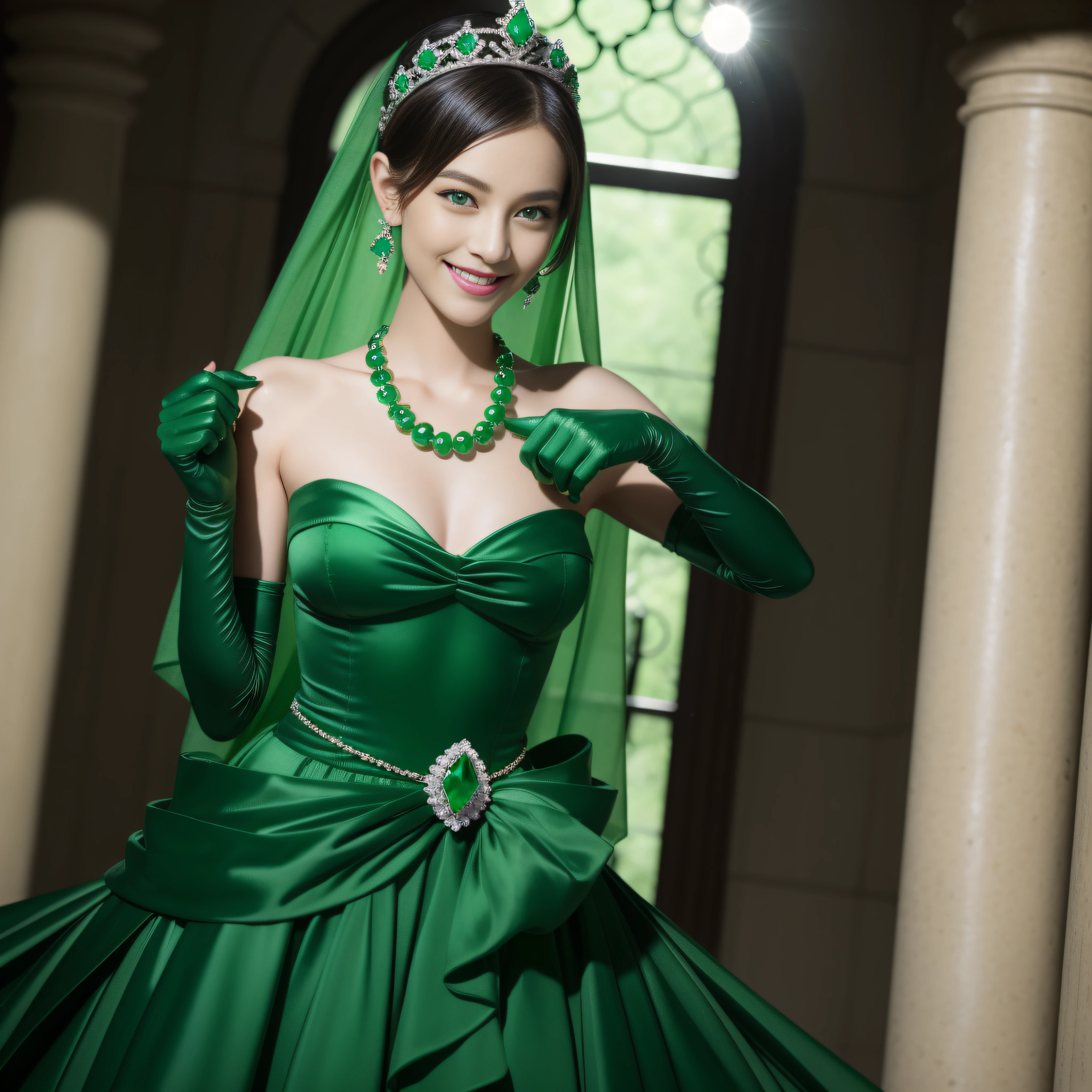 emerald tiara, Green Pearl Necklace, Boyish very short green hair, lipsticks, Japan woman smiling, very short short hair, fist, big breasts beautiful, Green eyes, Long green gloves made of satin material, Green eyes, Emerald Earrings