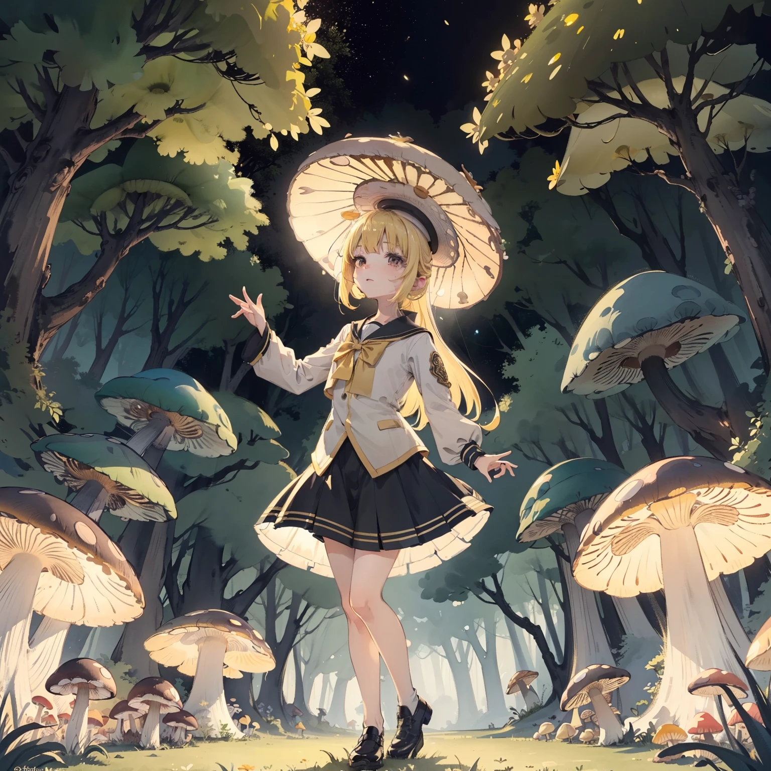 Beautiful and aesthetic,, Solo,Cute,Yellow hair,pleatedskirt,Dance,Cogumelos,Mushrooms,Huge mushrooms,spore,(glowing ambiance, enchanting glow, luminouslighting, Ethereal atmosphere,Watercolor illustration, Perfect anatomy, Masterpiece, Best quality, 1girll, li,eature, landscape