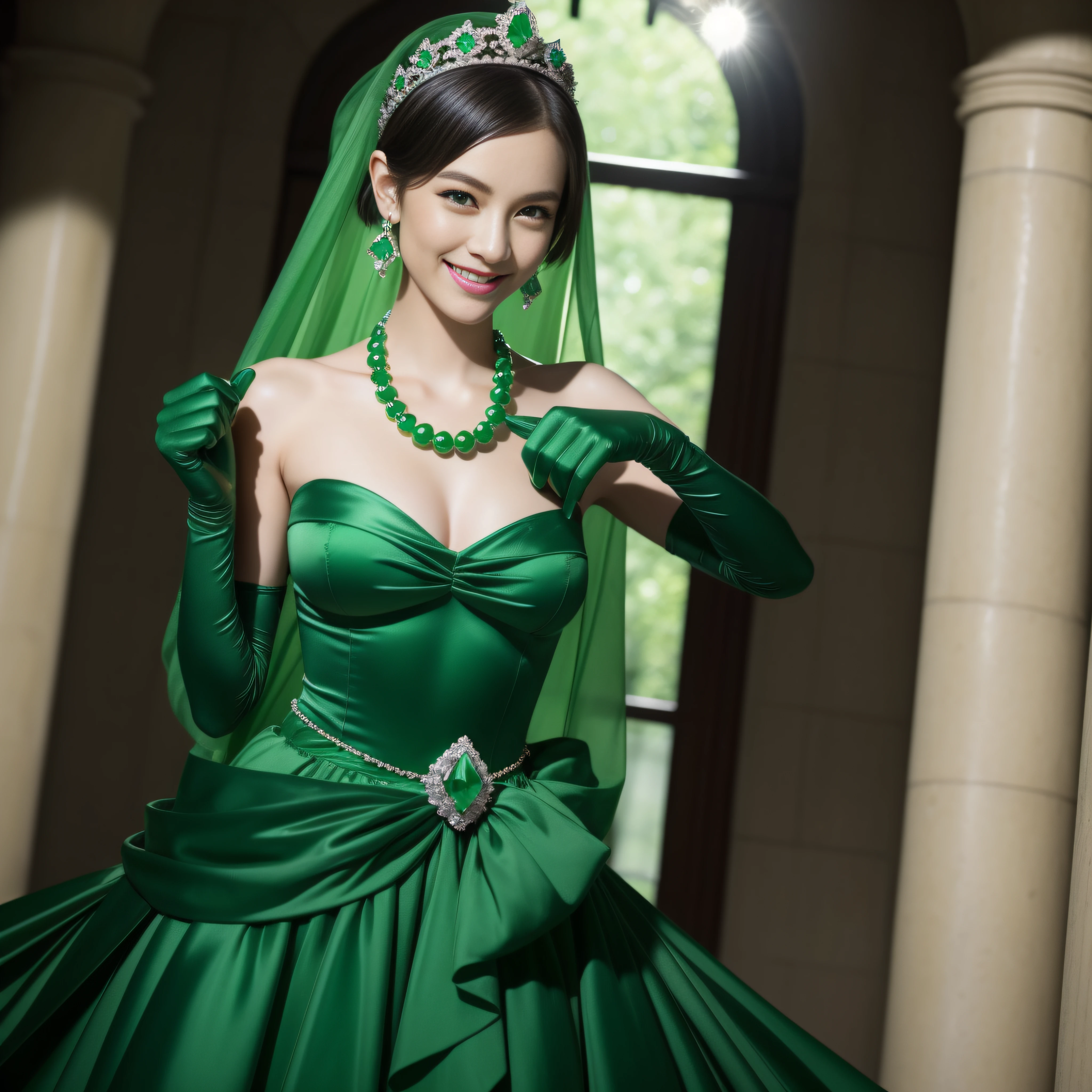 emerald tiara, Green Pearl Necklace, Boyish very short green hair, lipsticks, Japan woman smiling, very short short hair, fist, big breasts beautiful, Green eyes, Long green gloves made of satin material, Green eyes, Emerald Earrings