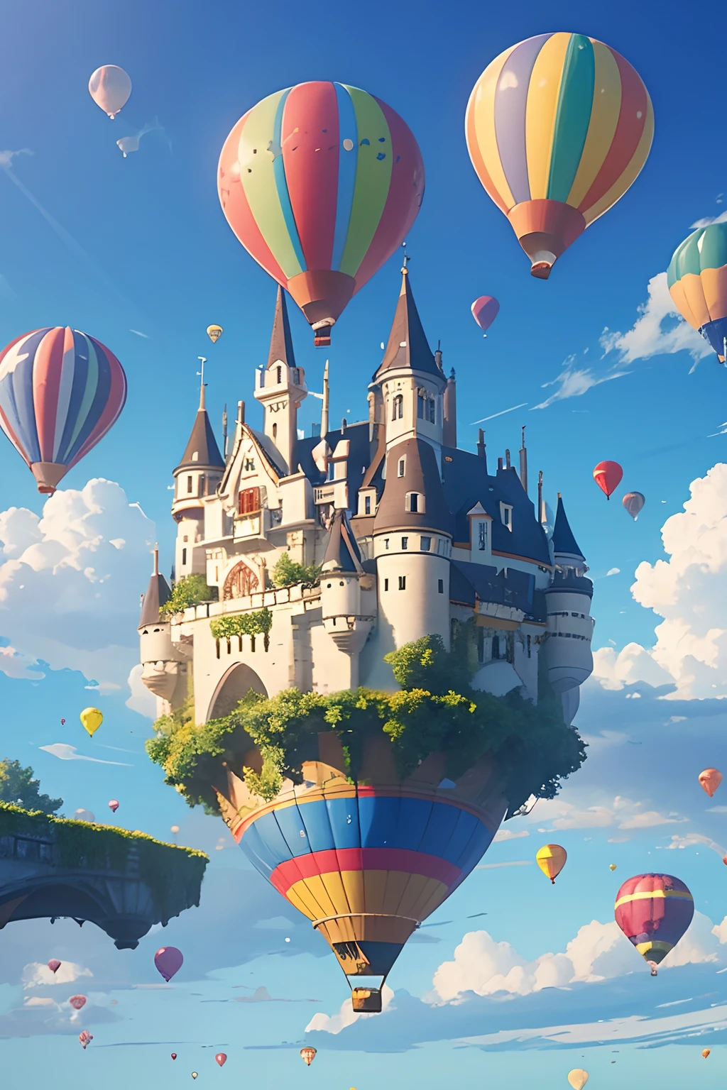 a flying castle tied with many mini latex balloons, crowded balloon, floating, no ground, sky background,