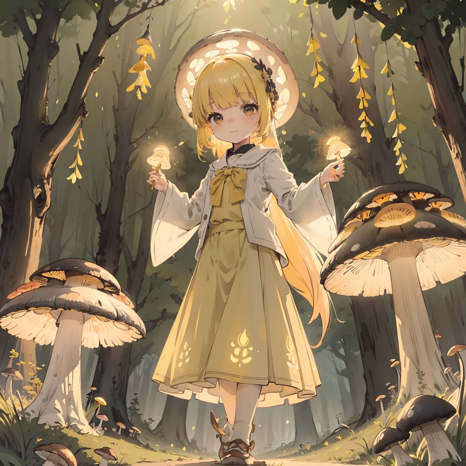 Beautiful and aesthetic,, Solo,Cute,Yellow hair,pleatedskirt,Dance,Cogumelos,Mushrooms,Huge mushrooms,spore,(glowing ambiance, enchanting glow, luminouslighting, Ethereal atmosphere,Watercolor illustration, Perfect anatomy, Masterpiece, Best quality, 1girll, li,eature, landscape
