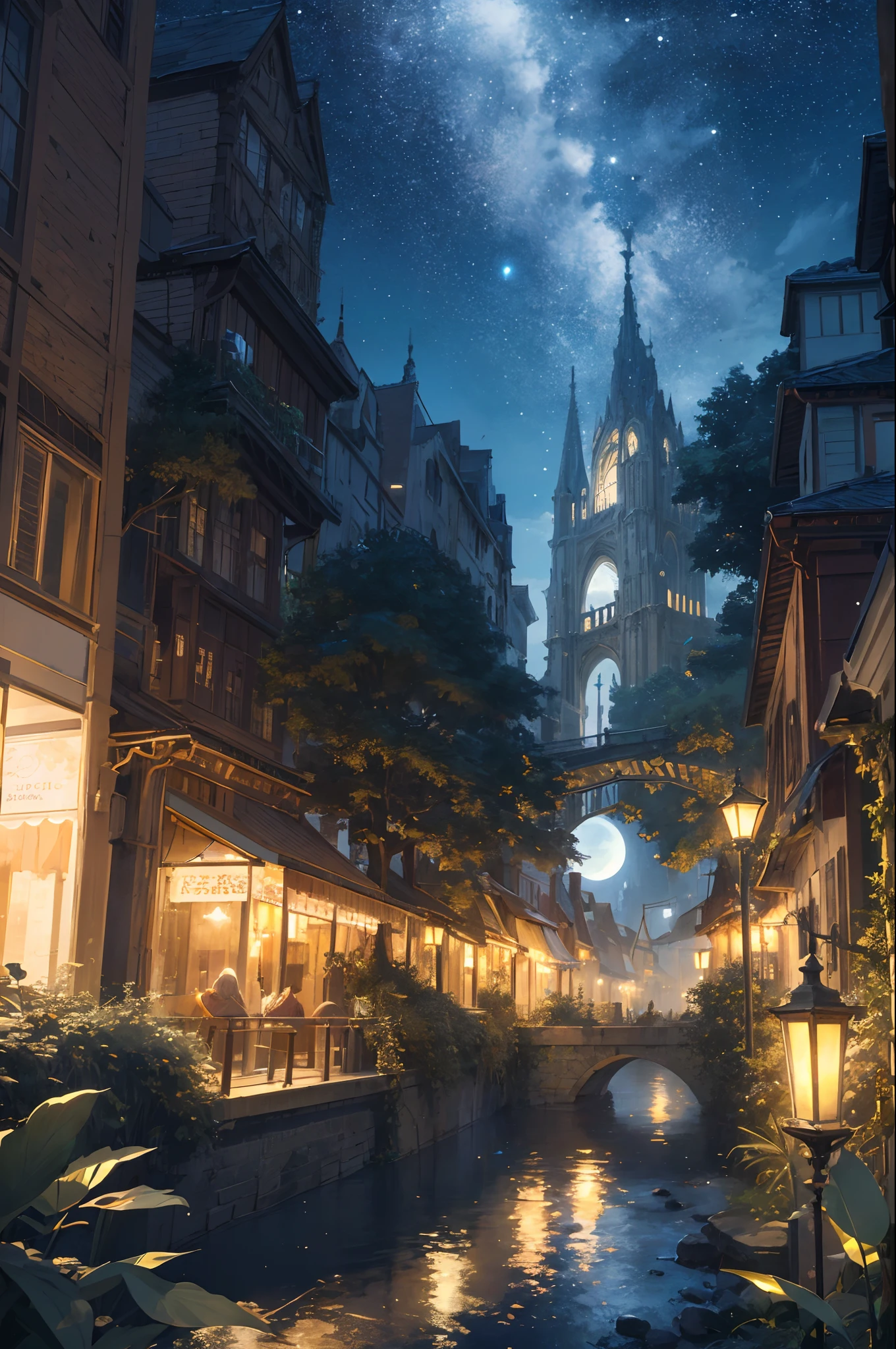 As twilight blankets the realm, the heavens come alive with a celestial spectacle. Countless stars twinkle like shimmering diamonds, their ethereal glow casting a soft illumination upon the landscape. The moon, radiant and full, bathes everything in a gentle silver light, accentuating the enchantment that lies within.
At the heart of the composition stands a majestic mechanical frog—a testament to both artistry and engineering prowess. Crafted with meticulous detail, its metallic frame gleams in the moonlight, adorned with ornate patterns and intricate engravings. Gears and mechanisms intertwine seamlessly, bringing the creature to life with graceful movements.
Perched atop the frog's sturdy back rests a miniature city, a mesmerizing marvel of human innovation and imagination. Towering skyscrapers adorned with neon lights reach towards the heavens, their vibrant hues painting the night sky with a kaleidoscope of colors. Tiny windows flicker like stars, revealing glimpses of bustling activity within the city's vibrant streets.
As the mechanical frog traverses the landscape, its steps create a gentle rhythmic hum that reverberates through the air—a symphony of wonder and possibility. Each hop is a delicate dance, leaving behind a trail of glittering stardust that twinkles like a celestial pathway, guiding the frog and its extraordinary cargo.
The surrounding environment is a harmonious blend of nature and fantasy. Lush greenery and blooming flowers flourish beneath the moon's gentle gaze, their petals embracing the night with delicate fragrances. Majestic trees, their branches adorned with luminescent moss, stand sentinel, casting surreal shadows upon the landscape.
A winding river meanders through the scene, its waters mirroring the starry spectacle above. It whispers secrets as it flows, weaving a tale that only those who listen closely can understand. Along its banks, fireflies illuminate the darkness with their gentle glow, their enchanting light creating a m