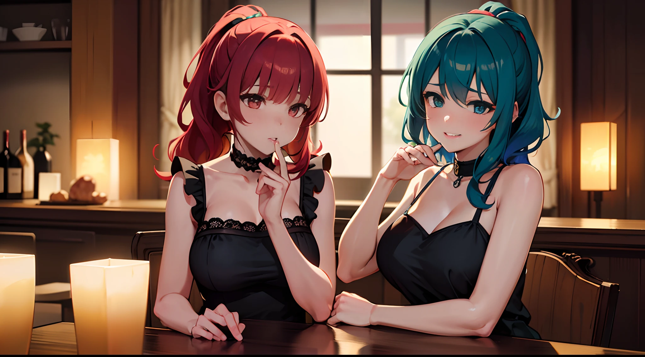 masterpiece, lots of detail, 4k, 8k, ((ultra-detailed)), highres, soft lighting, 2girls, date, night, wine, blush, {red hair|green hair|black hair|blue hair}, {ponytail|short hair|long hair|curly hair}