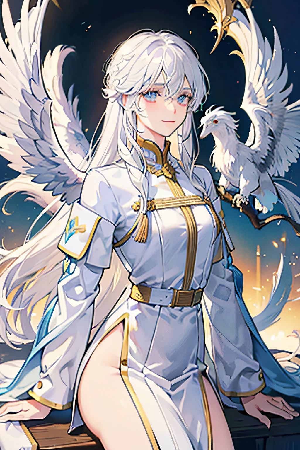 Personification of Pegasus White hair one white winged association thick eyebrows Beautie length hair knights White and golden A slight smil