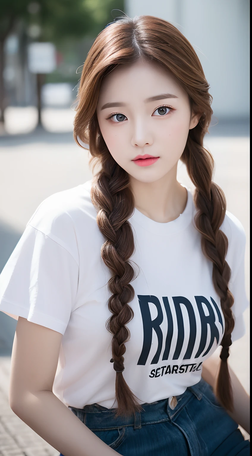 Realistic photos of (1 cute Korean star) single braid, thin makeup, 32 inch breasts size, wearing t-shirt, sitting in front of the university, upper body portrait, cinematic lightning, UHD
