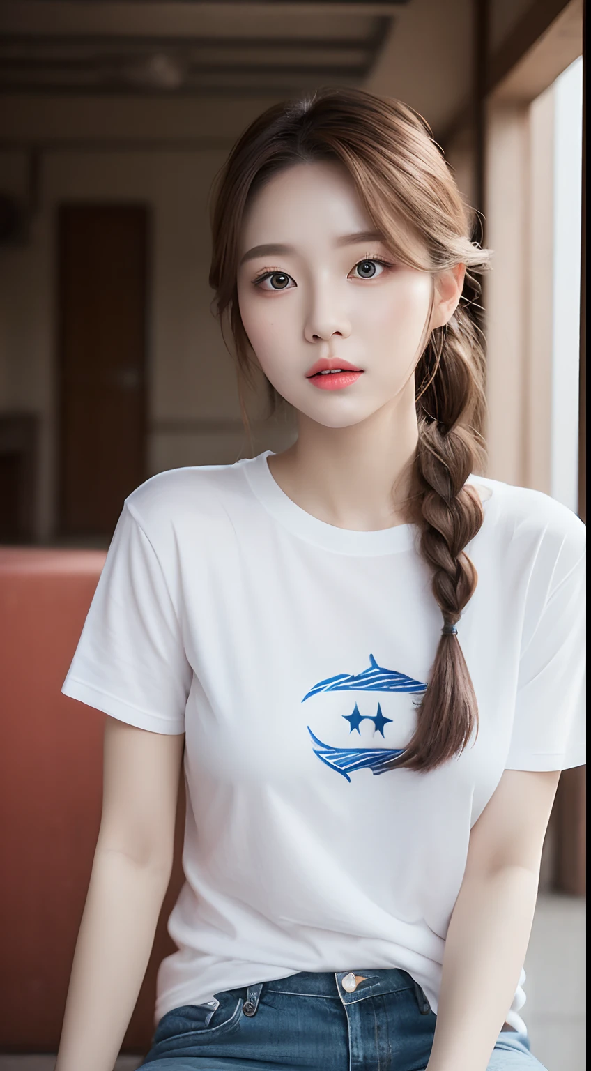 Realistic photos of (1 cute Korean star) single braid, thin makeup, 32 inch breasts size, wearing t-shirt, sitting in front of the university, upper body portrait, cinematic lightning, UHD