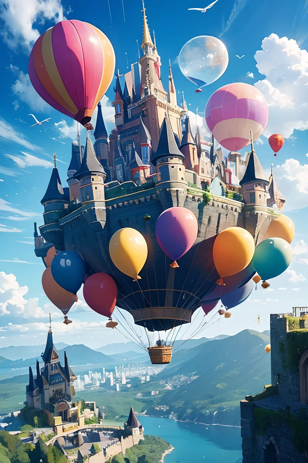 a flying castle tied with many balloons, crowded balloon