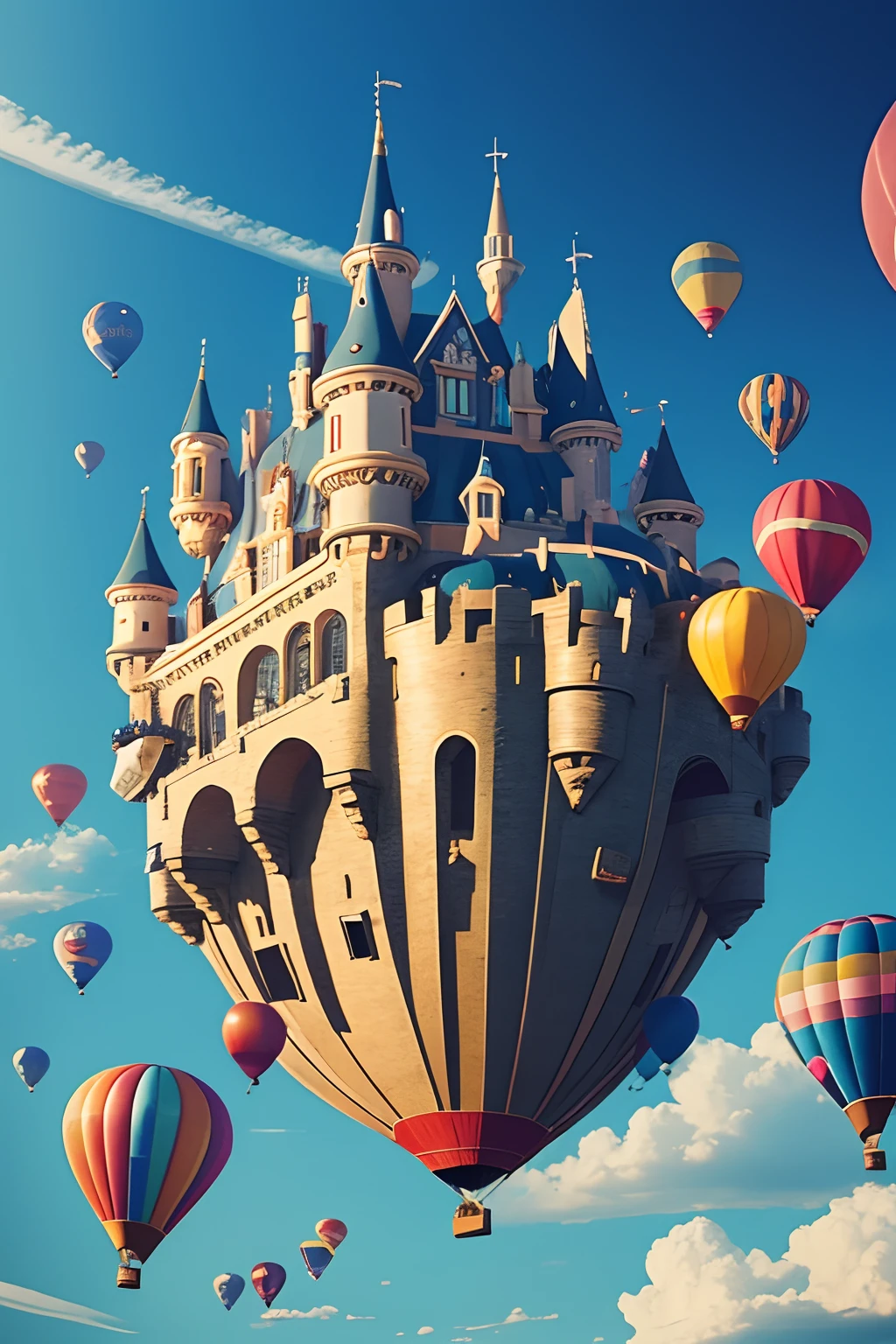 a flying castle tied with many balloons, crowded balloon