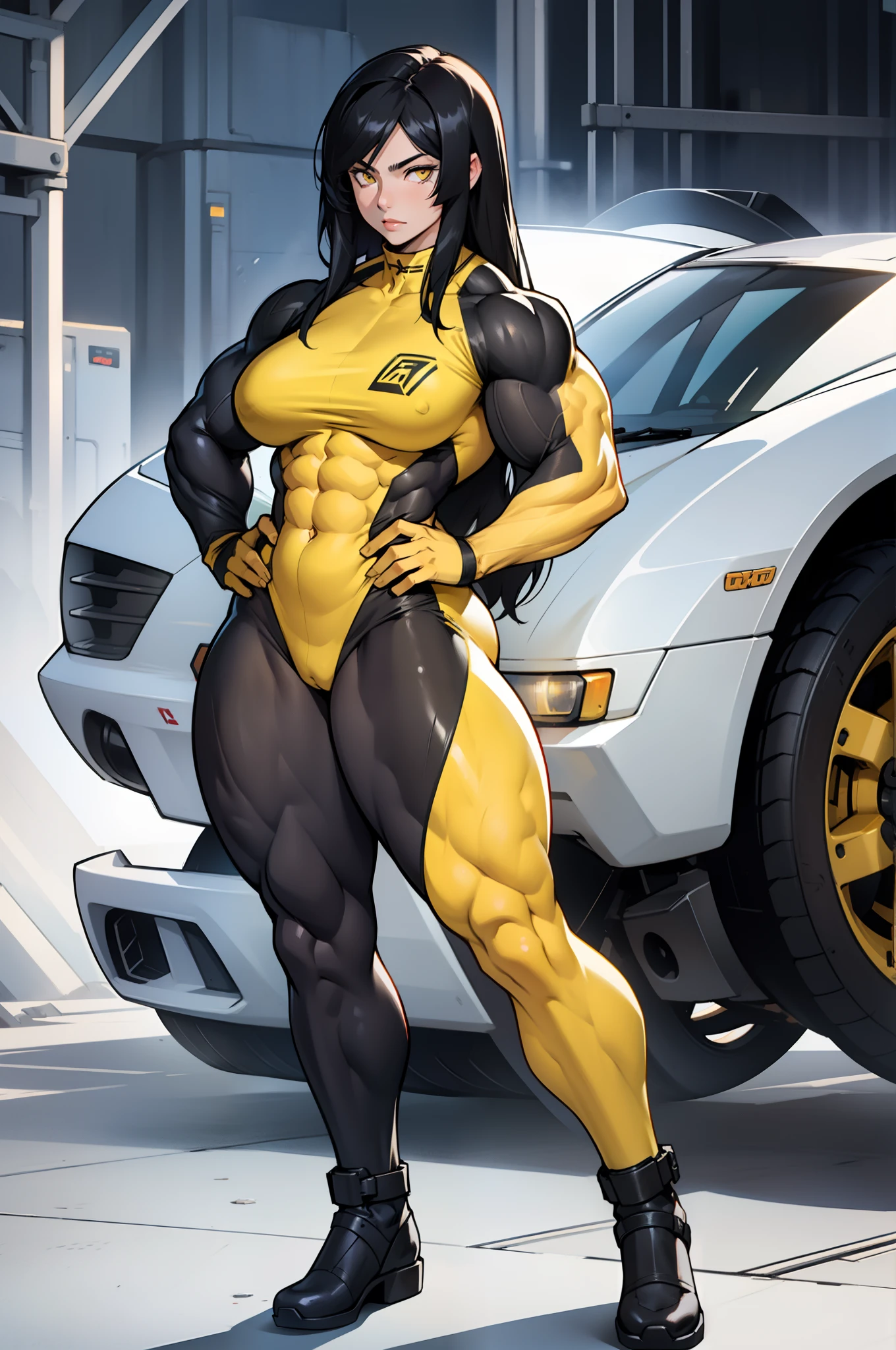 (((((1 girl))))), black hair, yellow eyes, very long hair, ((((((muscular)))))), tall, pale skin, bodysuit, ((full body)), (solo), curvy, wide hips, thick thighs, perky breasts