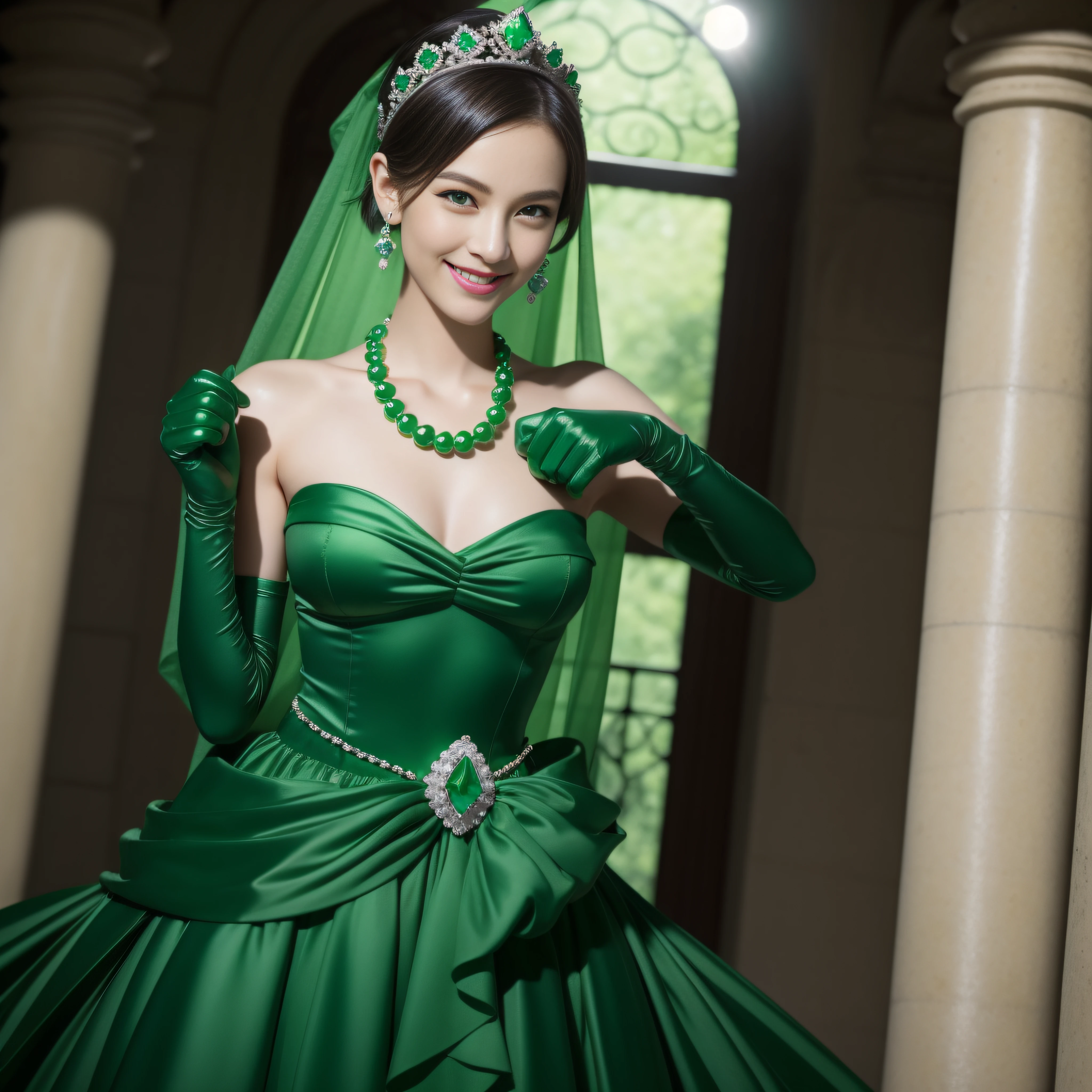 emerald tiara, Green Pearl Necklace, Boyish very short green hair, lipsticks, Japan woman smiling, very short short hair, fist, big breasts beautiful, Green eyes, Long green gloves made of satin material, Green eyes, Emerald Earrings