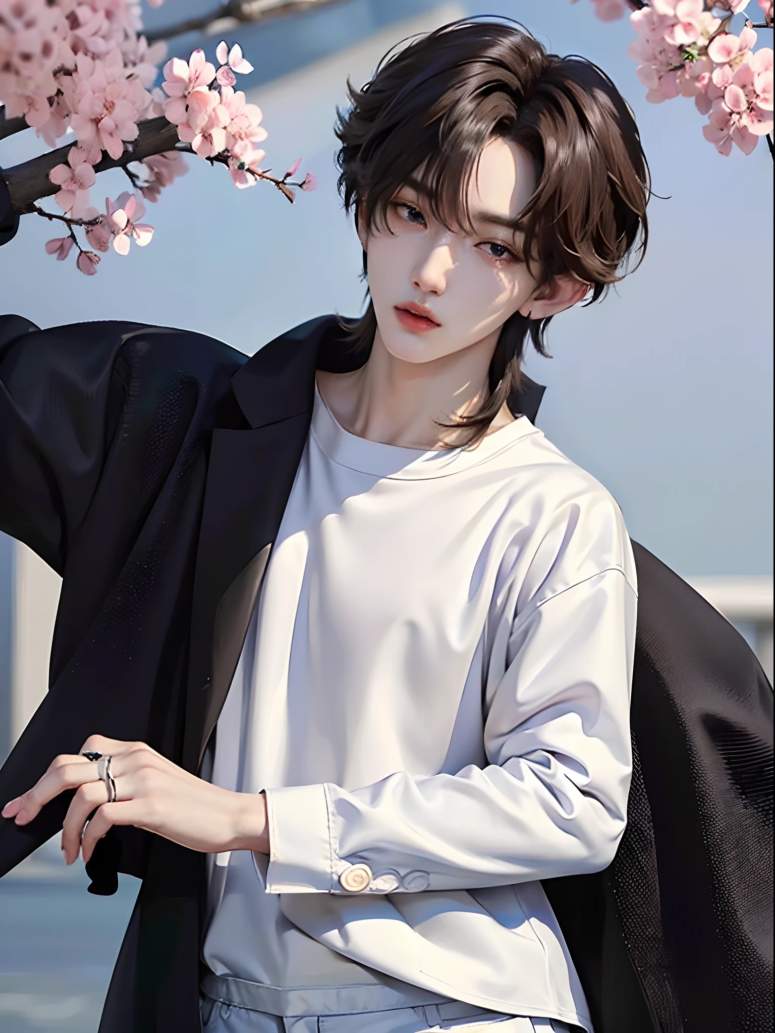 masterpiece、top-quality)、One Manly Boy、Slim body、((White Y-shirt and long black pants:1.1))、(Detailed beautiful eyes)、In the Han River、Face similar to Chaewon in Le Selefim、((short hair above the ears))、((Smaller face))、((Neutral face))、((Light brown eyes))、((Korean boy))、((18year old))、((Handsome man))、((Wild look))、((Korean Makeup))、((elongated and sharp eyes))、((Happy dating))、((He is walking in front of the viewer))、((shot from a side angle))