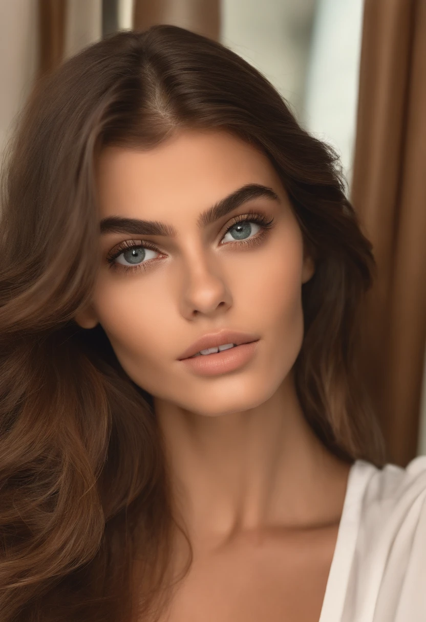 Femme type arabe , fille sexy aux yeux bruns, Portrait de Kaia Gerber , cheveux bruns et grands yeux, selfie of a young woman, Yeux Chambre , pas de maquillage, maquillage naturel, looking straight at camera, Visage avec Artgram, maquillage fin, Superbe plan complet, Au bord de la piscine , pointes fourchues, cheveux longs